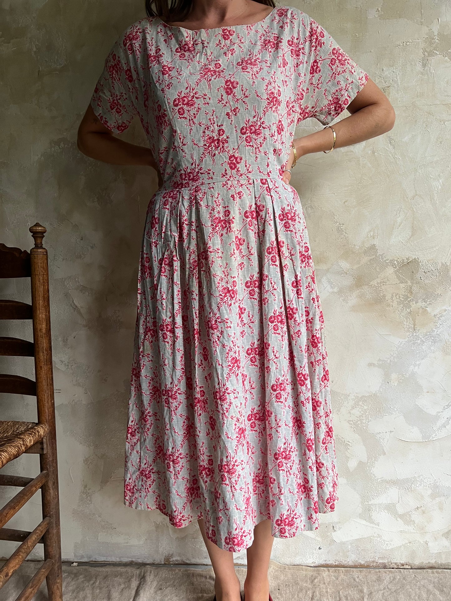 Red Floral Pleated Dress