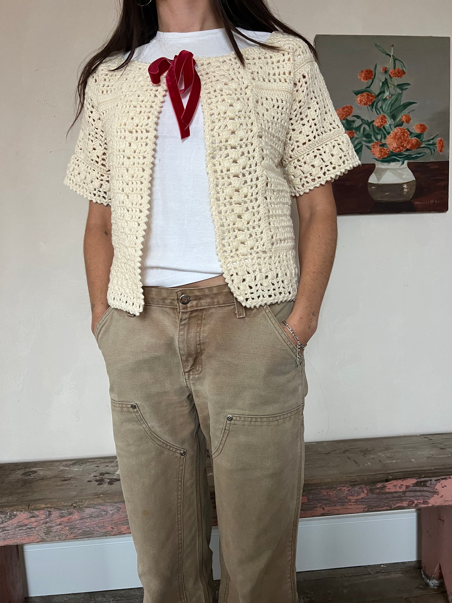 Crochet Cream Tee with Red Velvet Bow