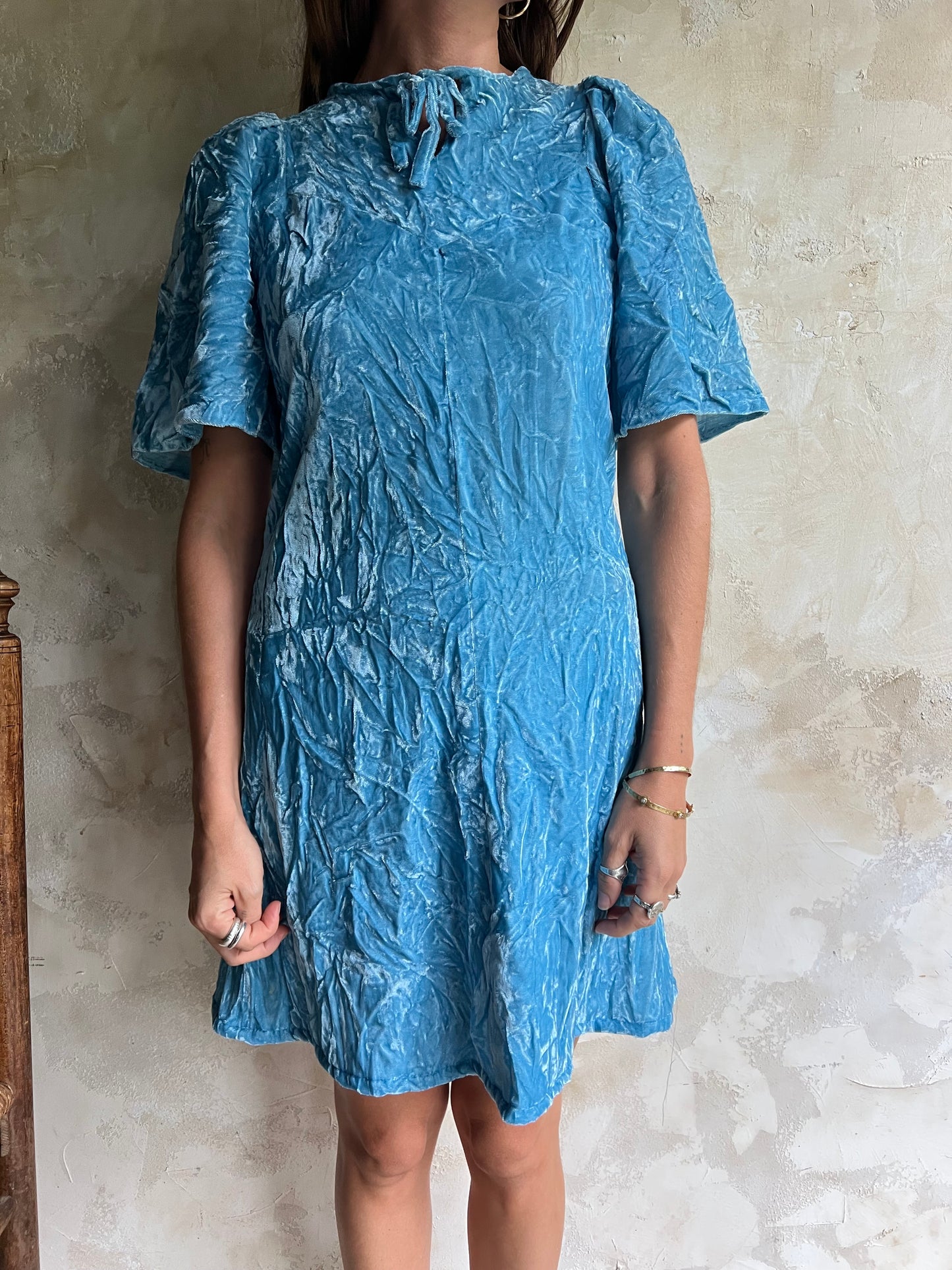 Blue Crushed Velvet Mini Dress