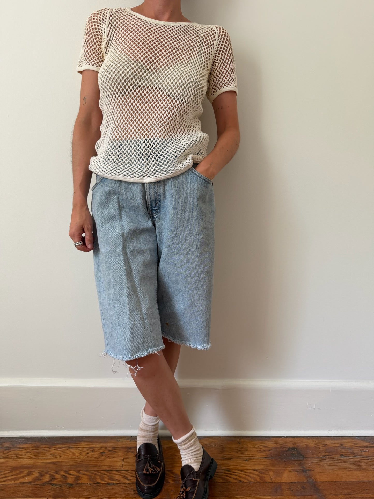 Cream Cotton Fishnet Tee