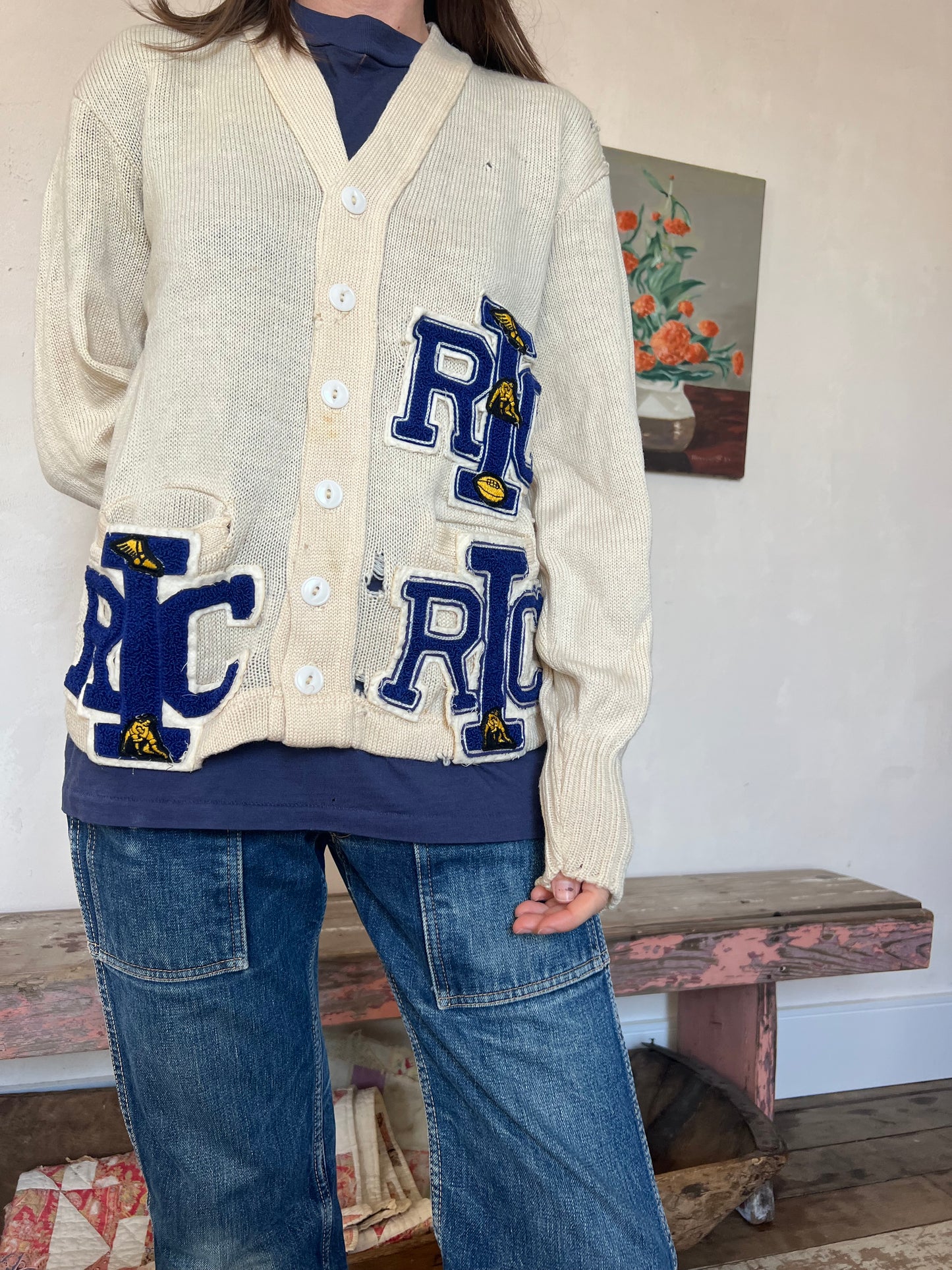 Distressed Patched Wool Varsity Cardigan