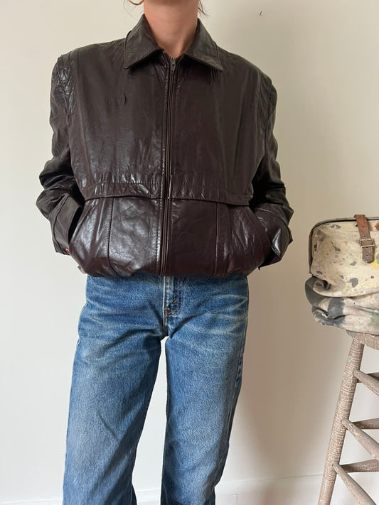 Burgundy Leather Zip Up Bomber Jacket