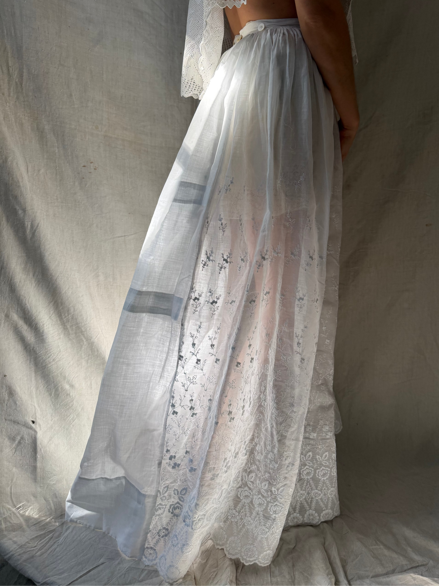 White Cotton Floral Embroidered Antique Long Skirt