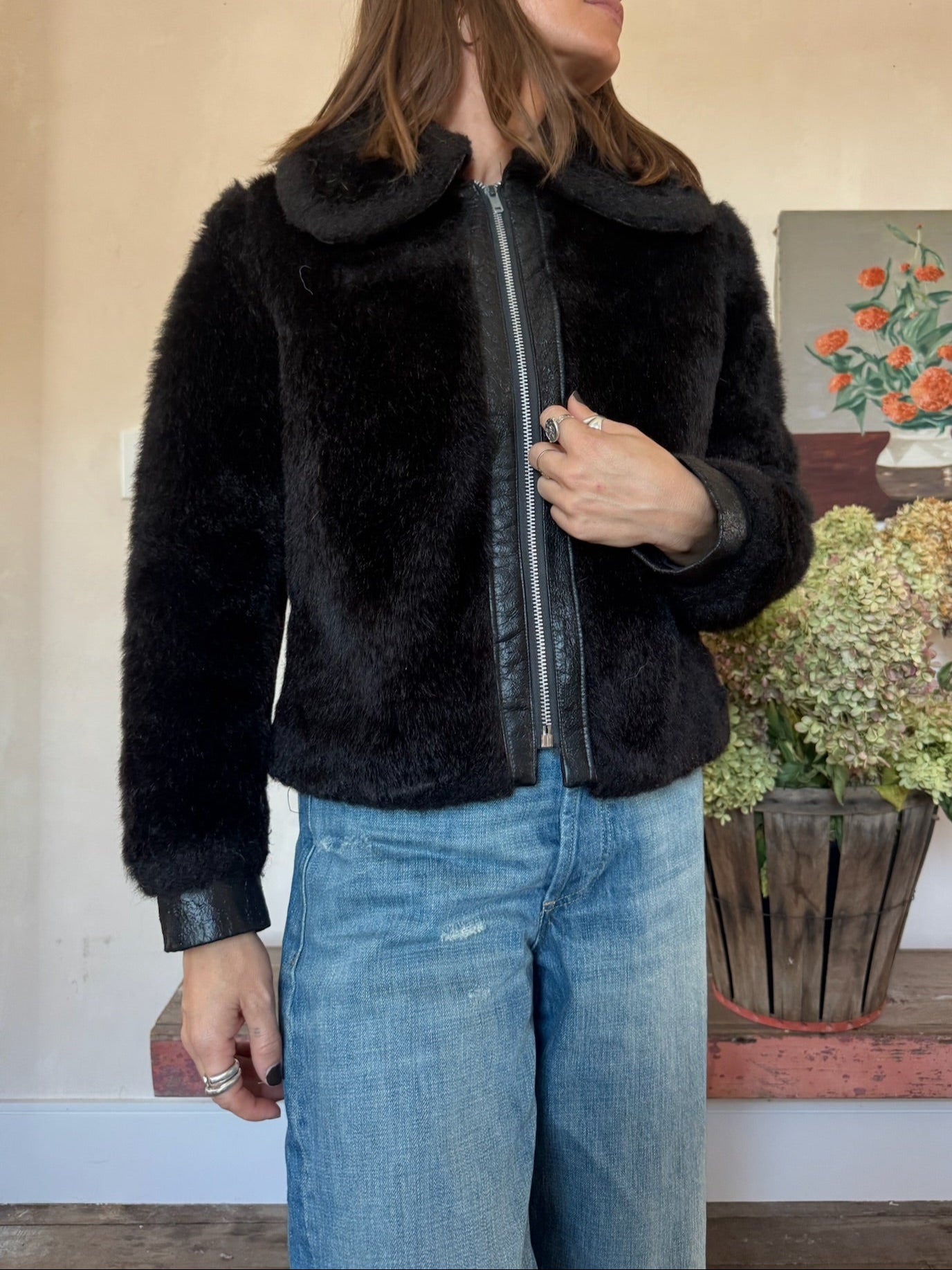 Cropped Black 70s Faux Fur Jacket