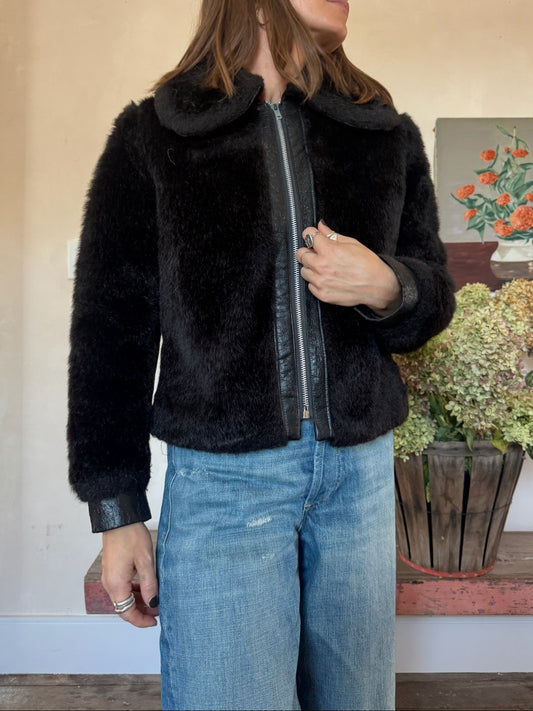 Cropped Black 70s Faux Fur Jacket