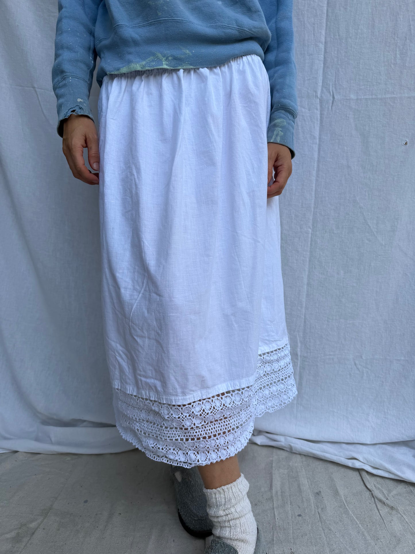 Antique Italian White Cotton Skirt w Crochet Trim