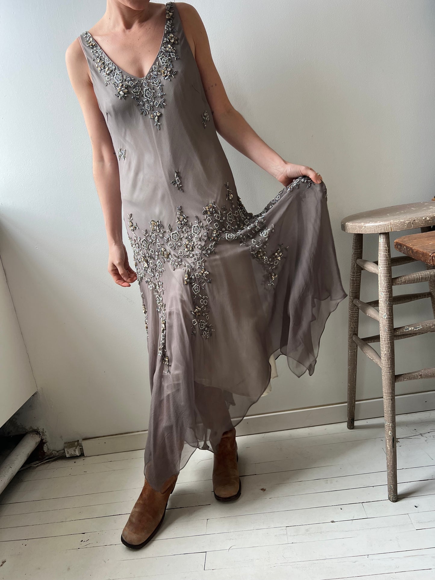 Silk Sequin Silver Dress