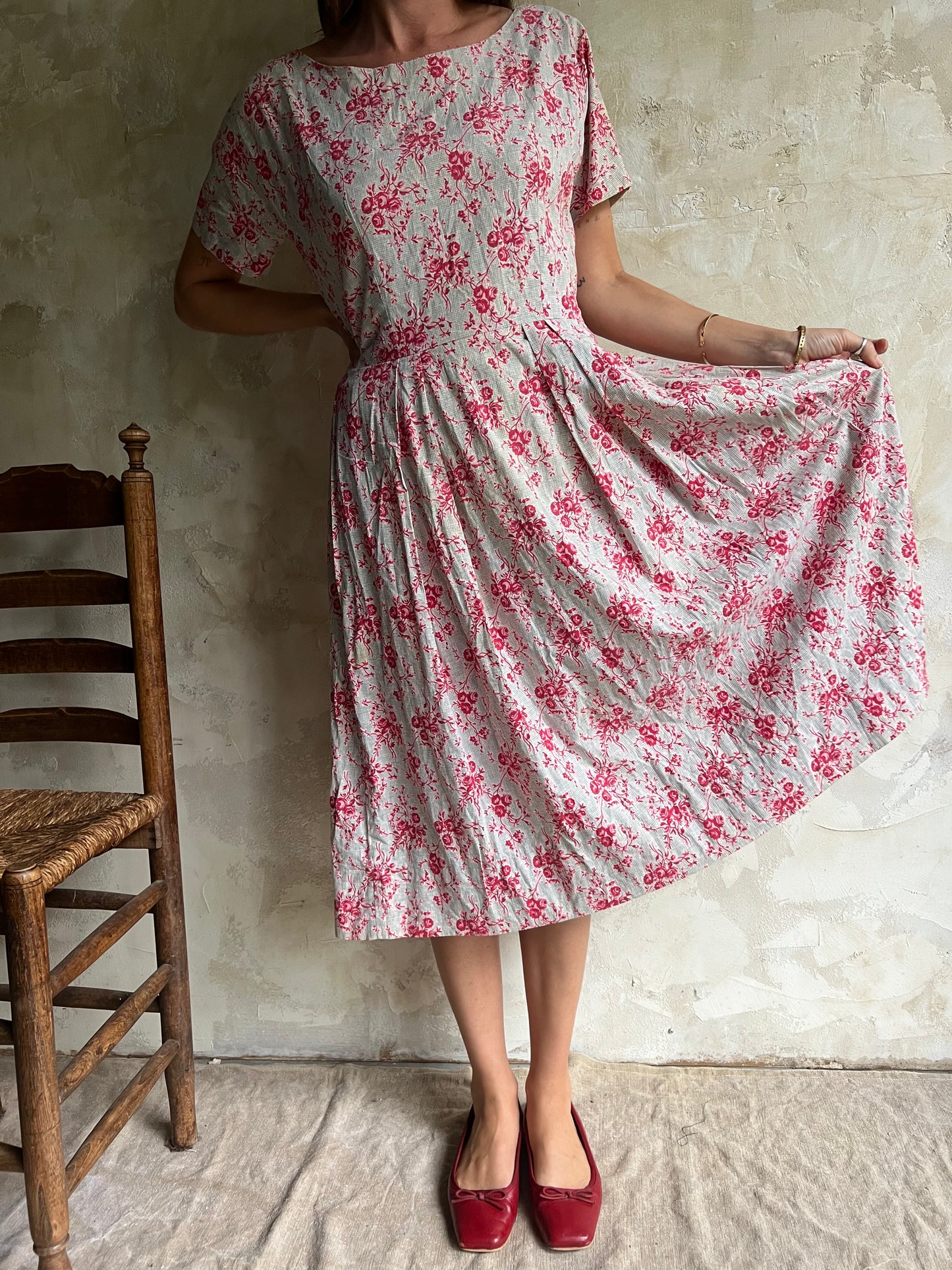 Red Floral Pleated Dress