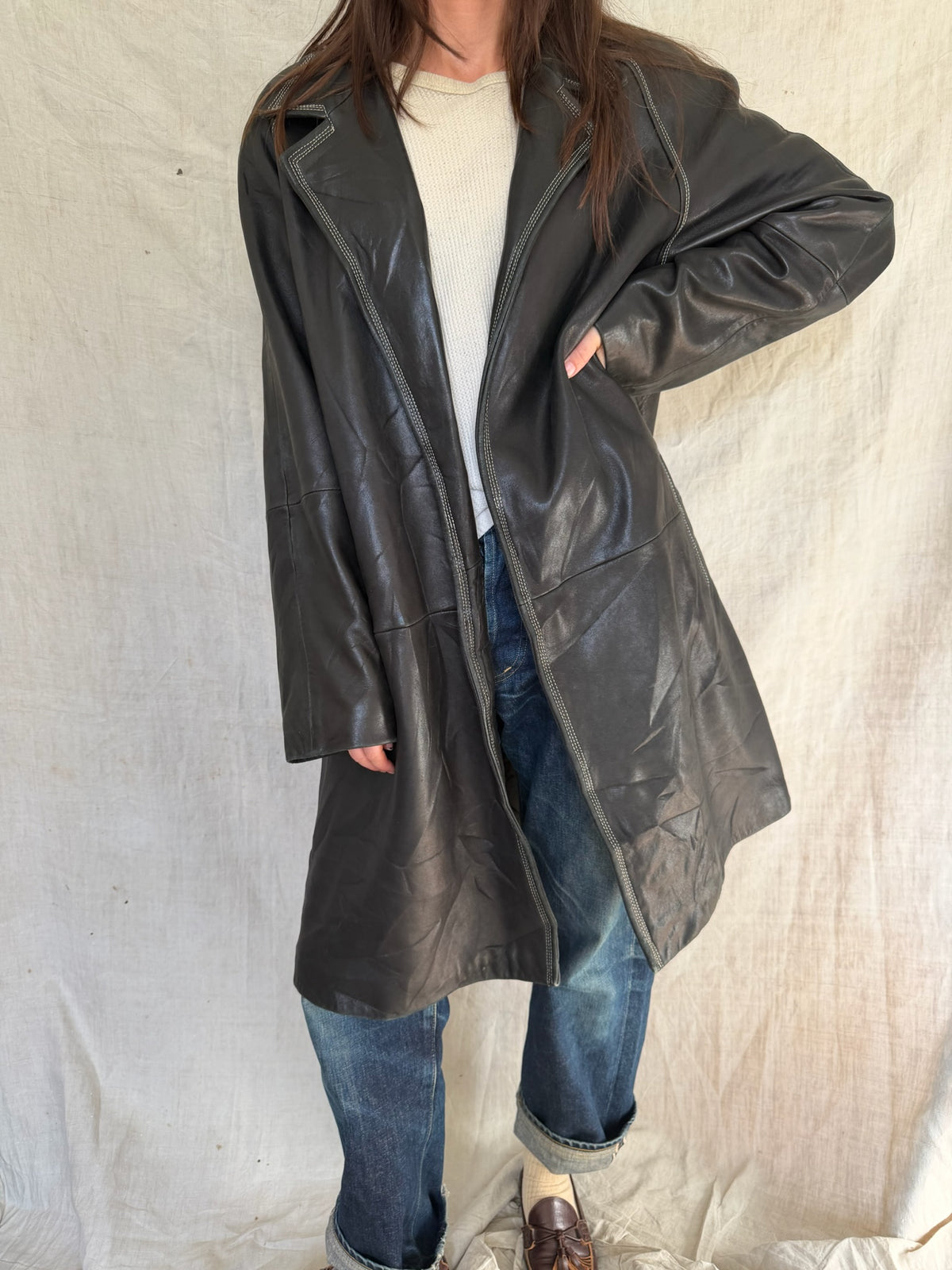 Butter Soft Black Leather Drop Coat
