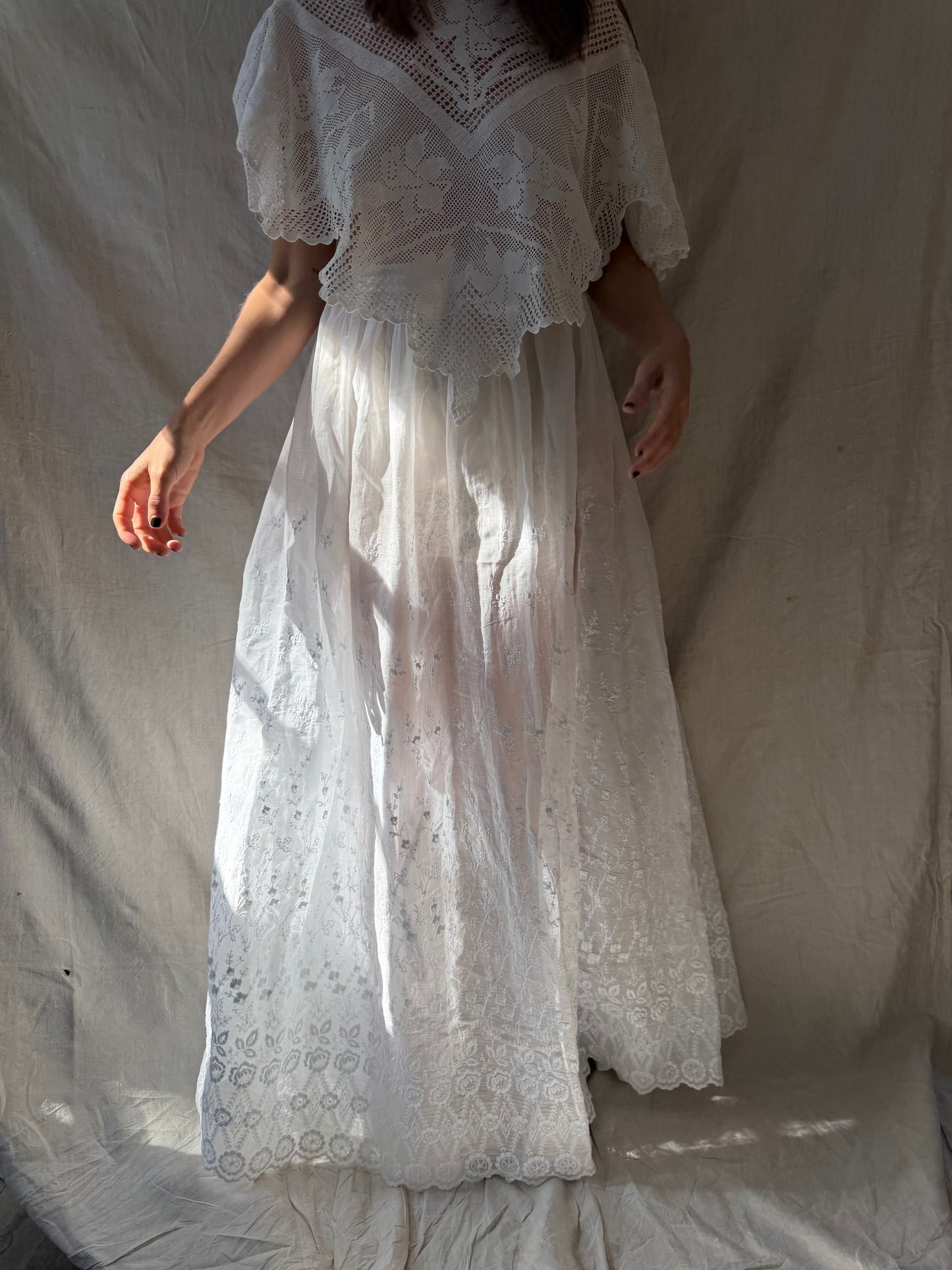 White Cotton Floral Embroidered Antique Long Skirt