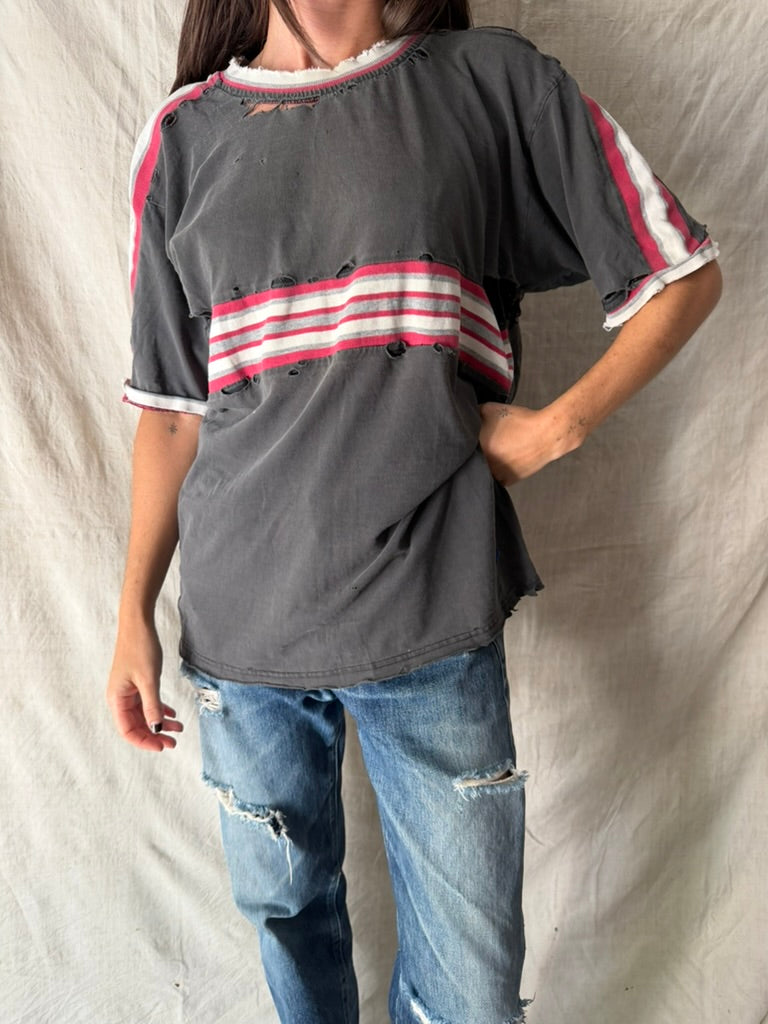Super Distressed Grey + Red Striped Tee