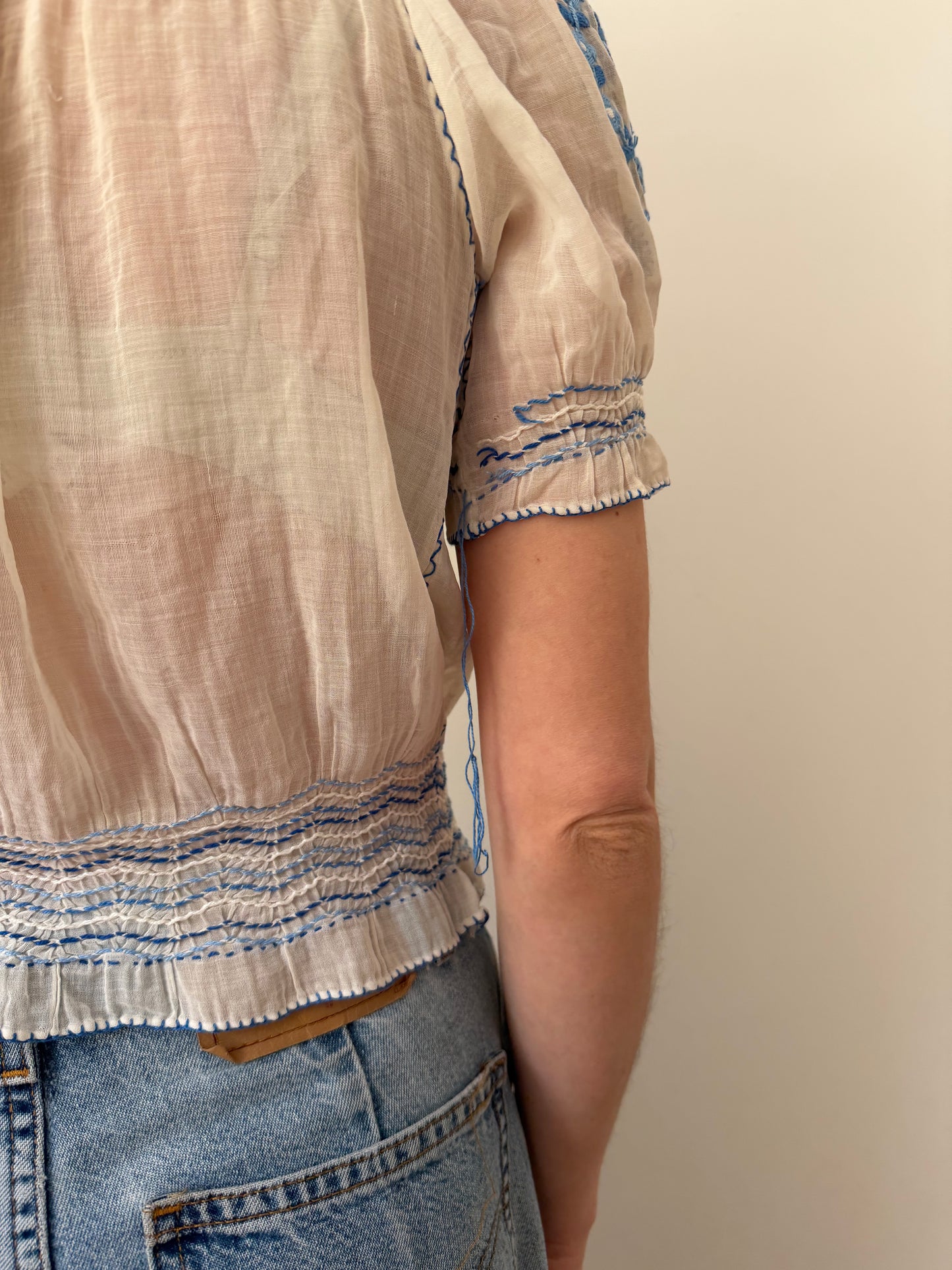 1930s Hungarian Blue Floral Embroidered Blouse