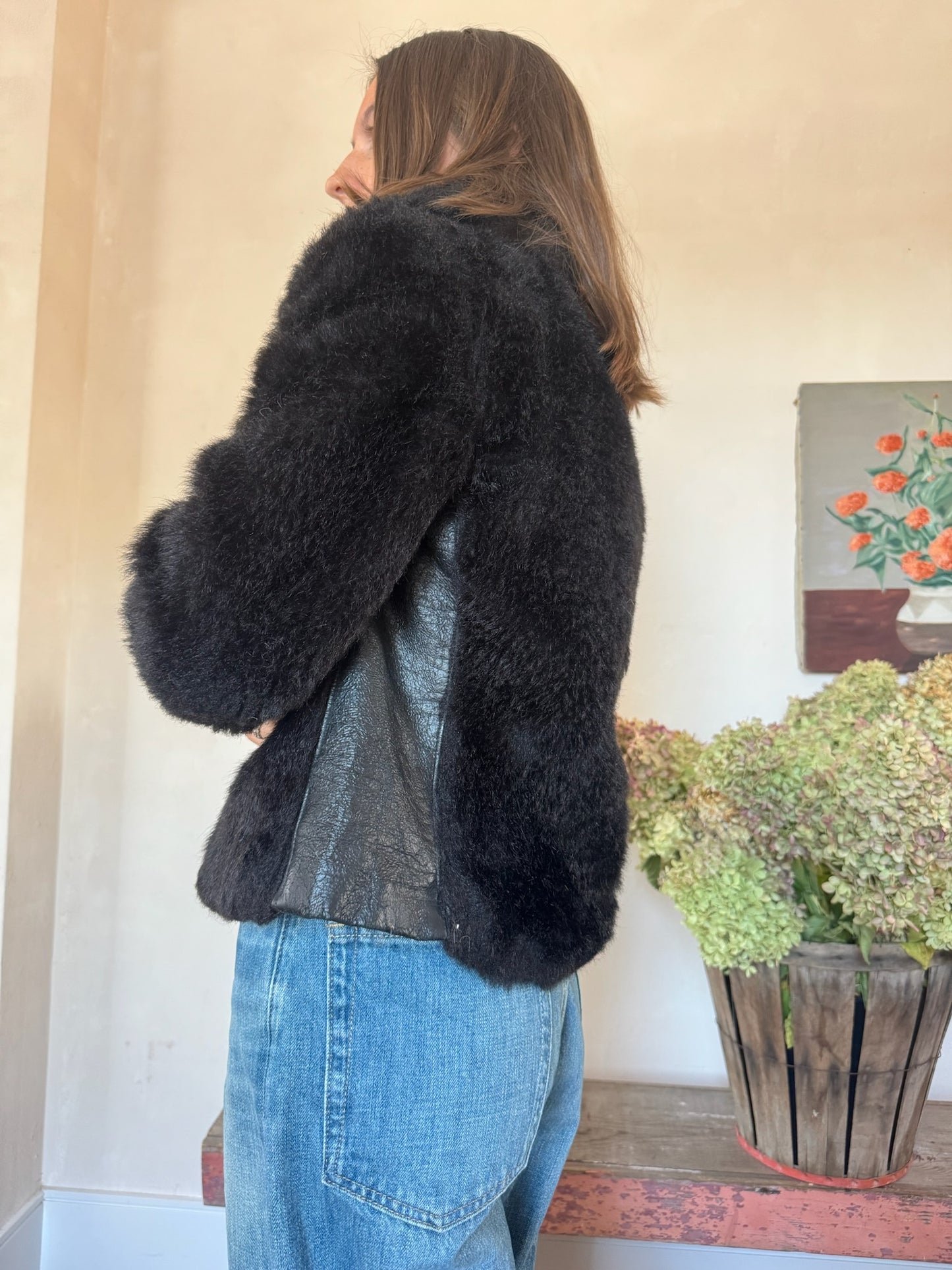 Cropped Black 70s Faux Fur Jacket