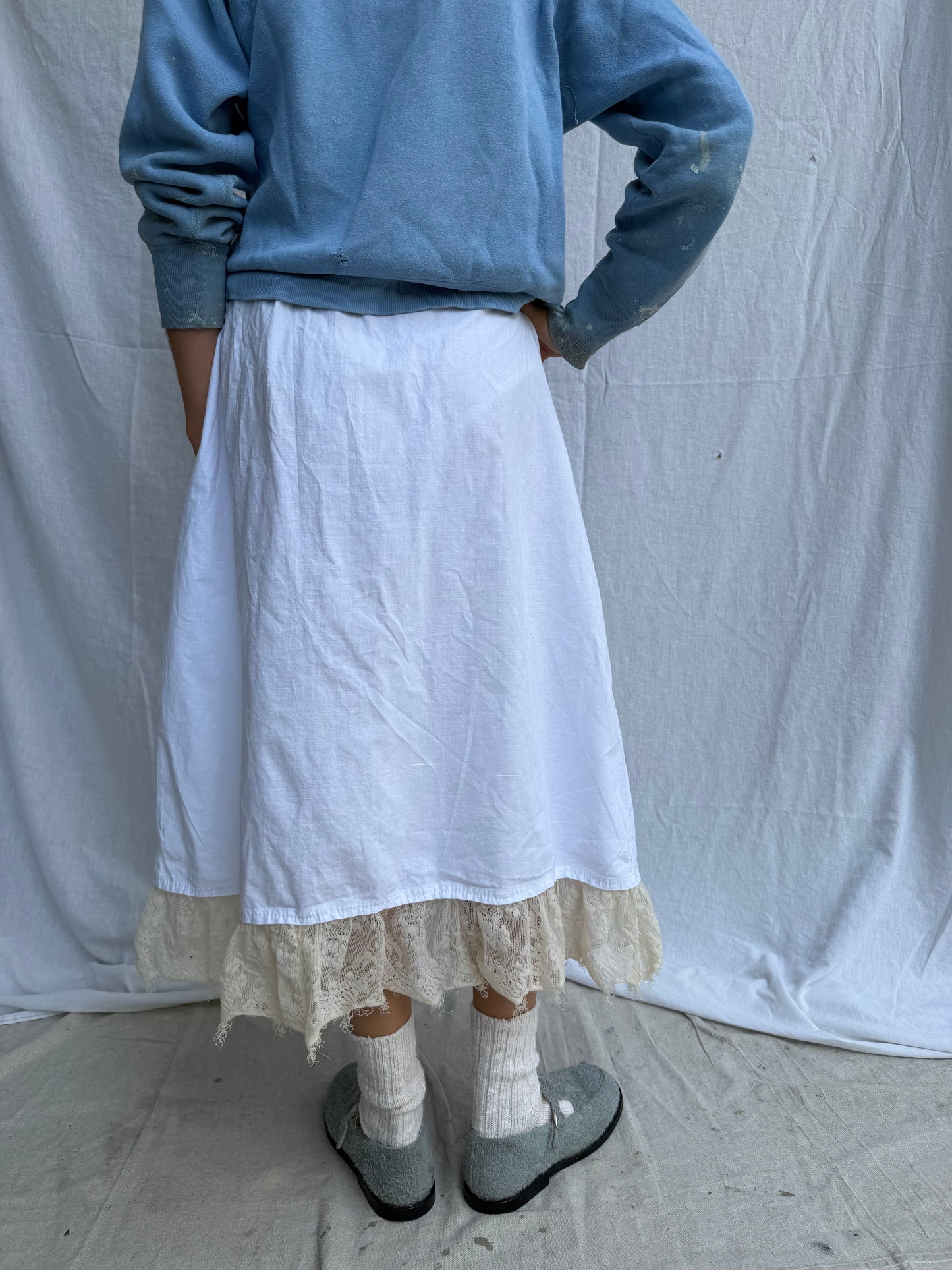 Antique Cotton Skirt with Ivory Lace Ruffle