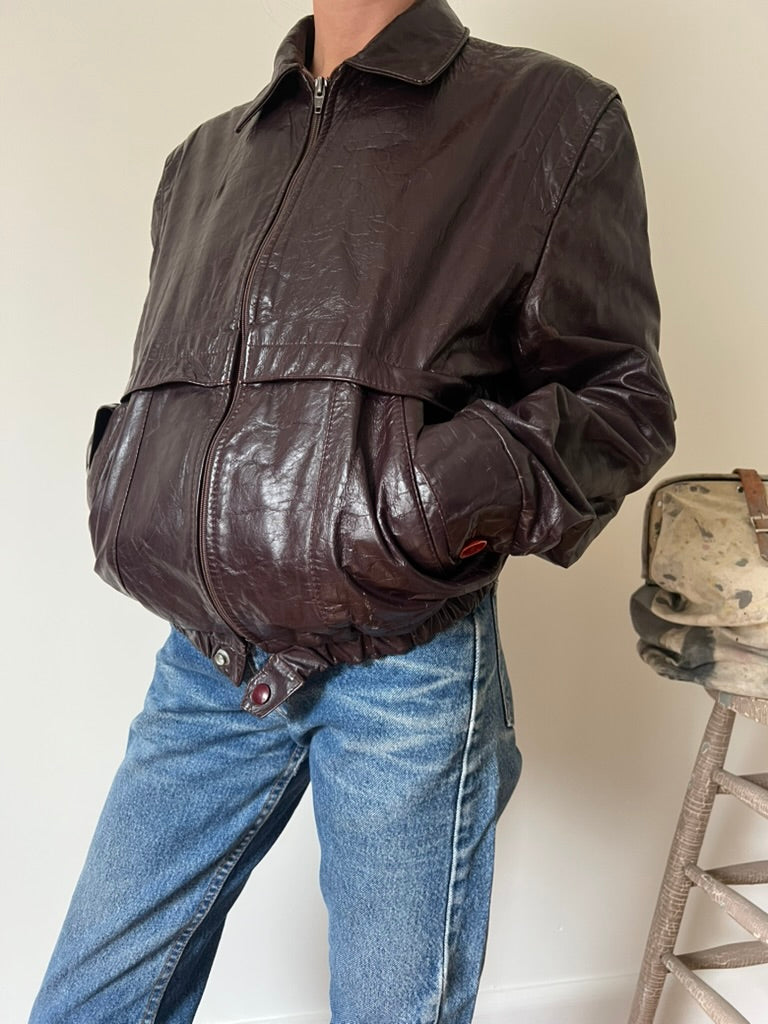Burgundy Leather Zip Up Bomber Jacket