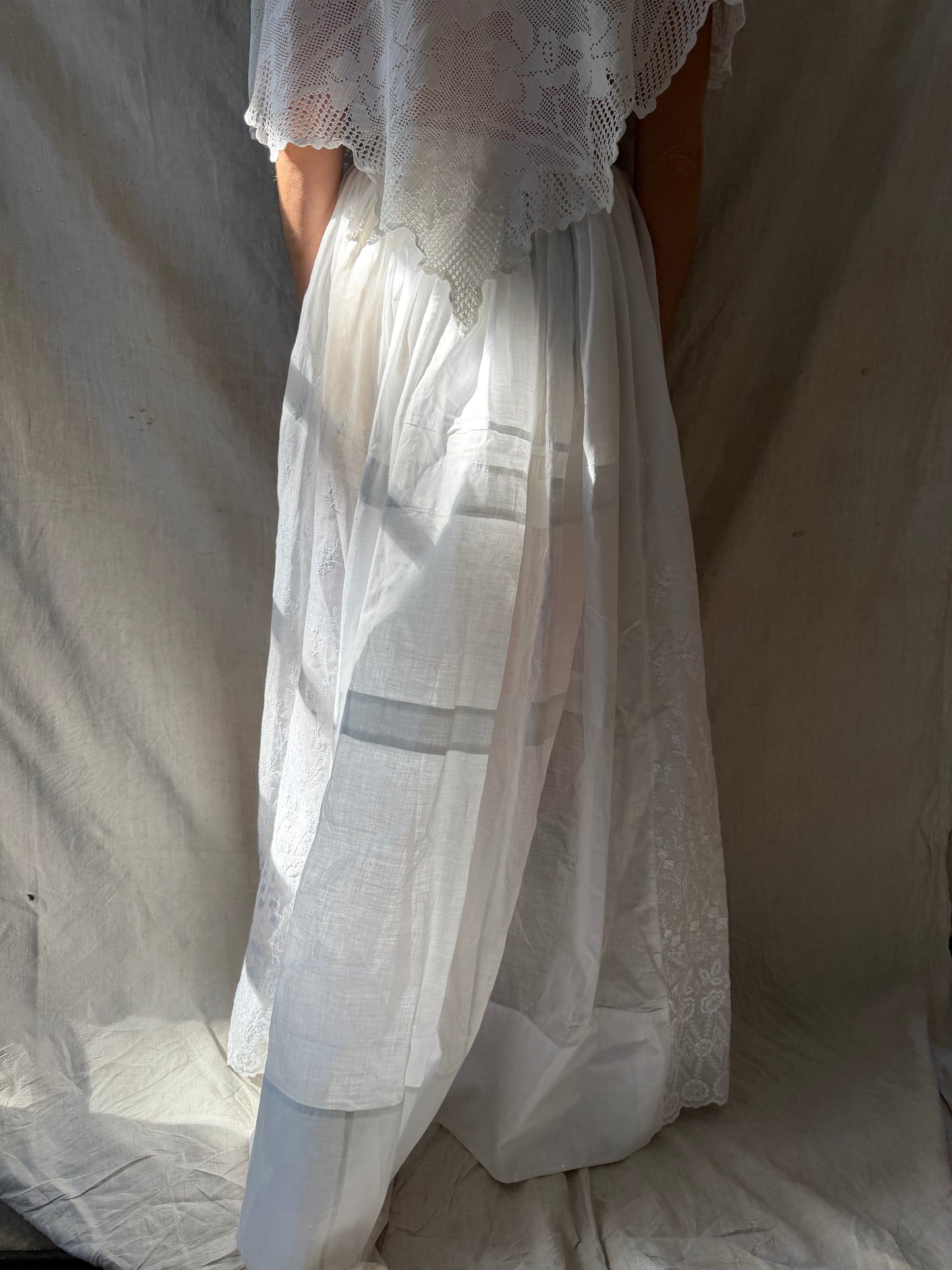 White Cotton Floral Embroidered Antique Long Skirt
