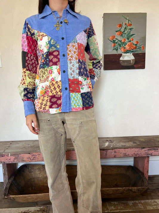 70s Funky Patchwork Patterned Button-Up