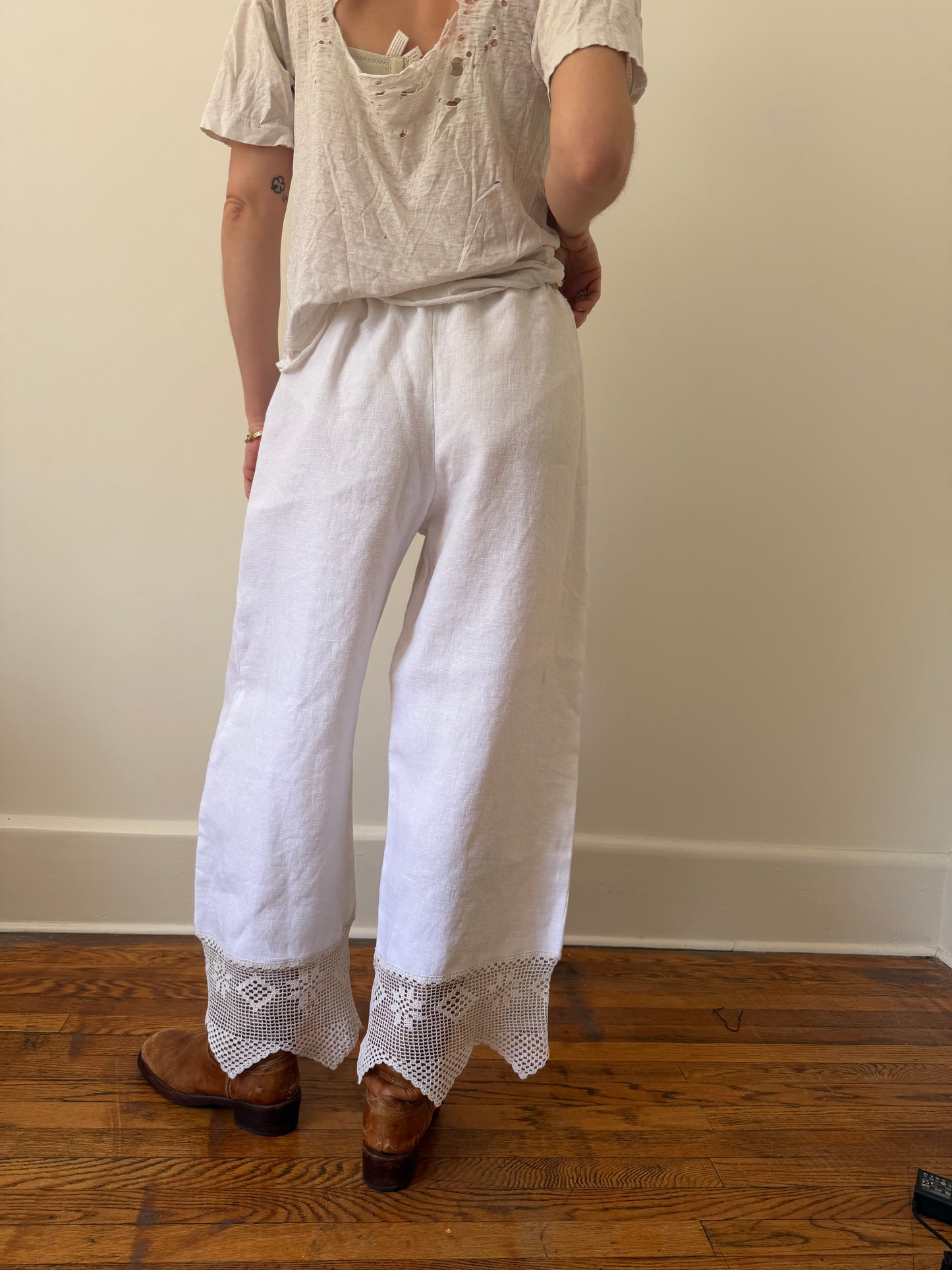 Reworked Linen Bloomer Pants With Antique Crochet Lace Trim