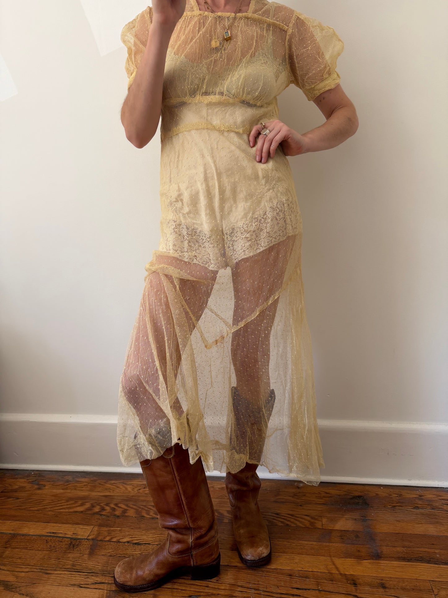 1930s Yellow Net Sheer Dress Overlay