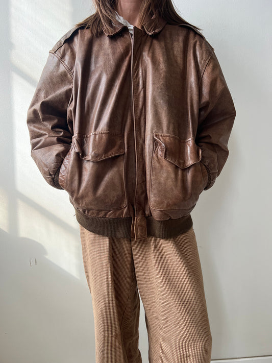 Faded Light Brown Leather Bomber