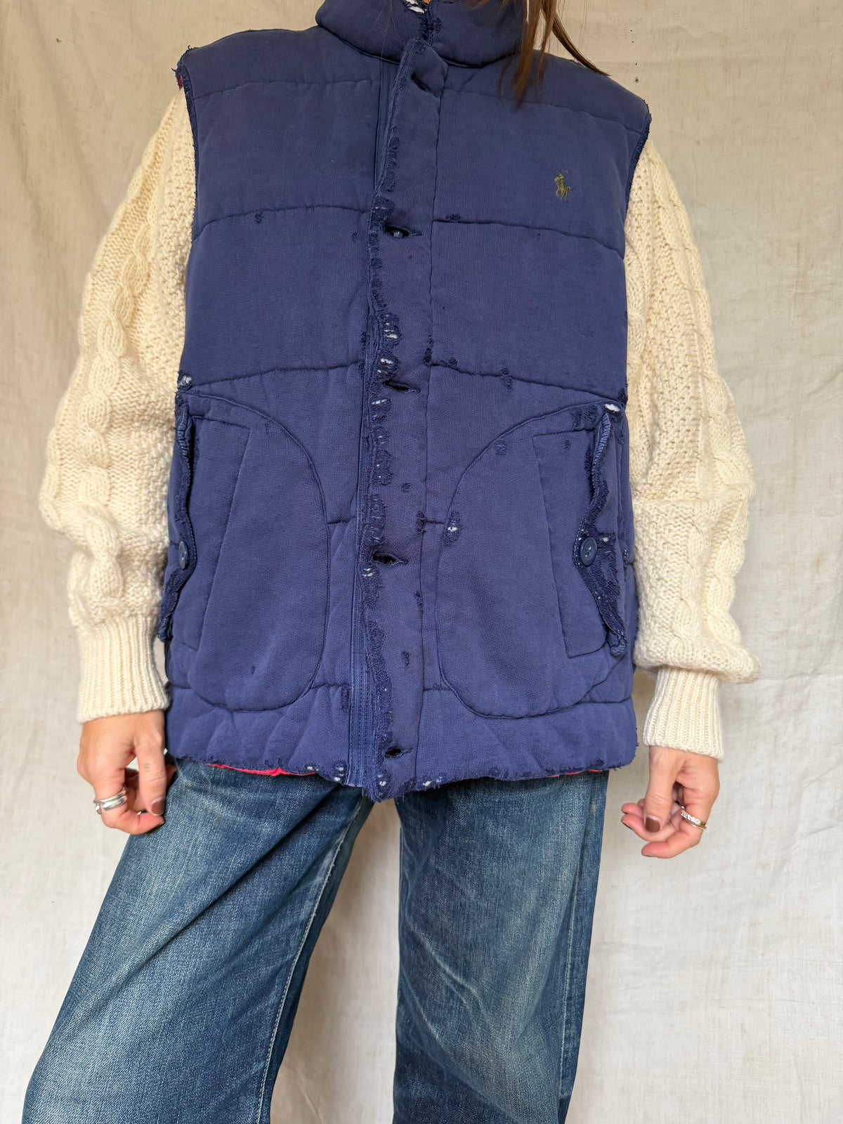 Distressed Polo Jersey Puffer Vest