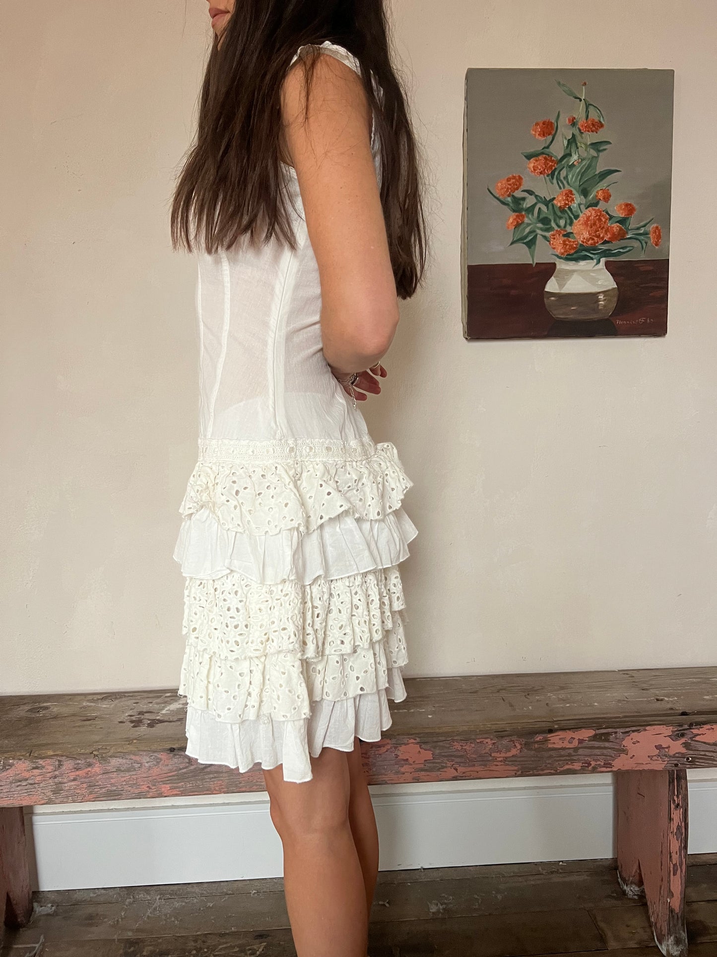 White Ruffle Eyelet Cotton Dress