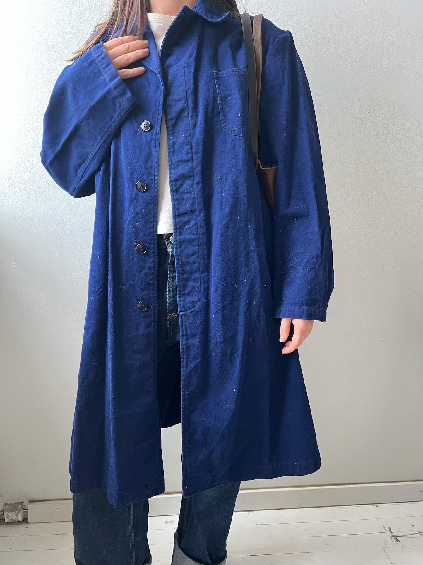 Long Indigo Blue Chore Trench Jacket