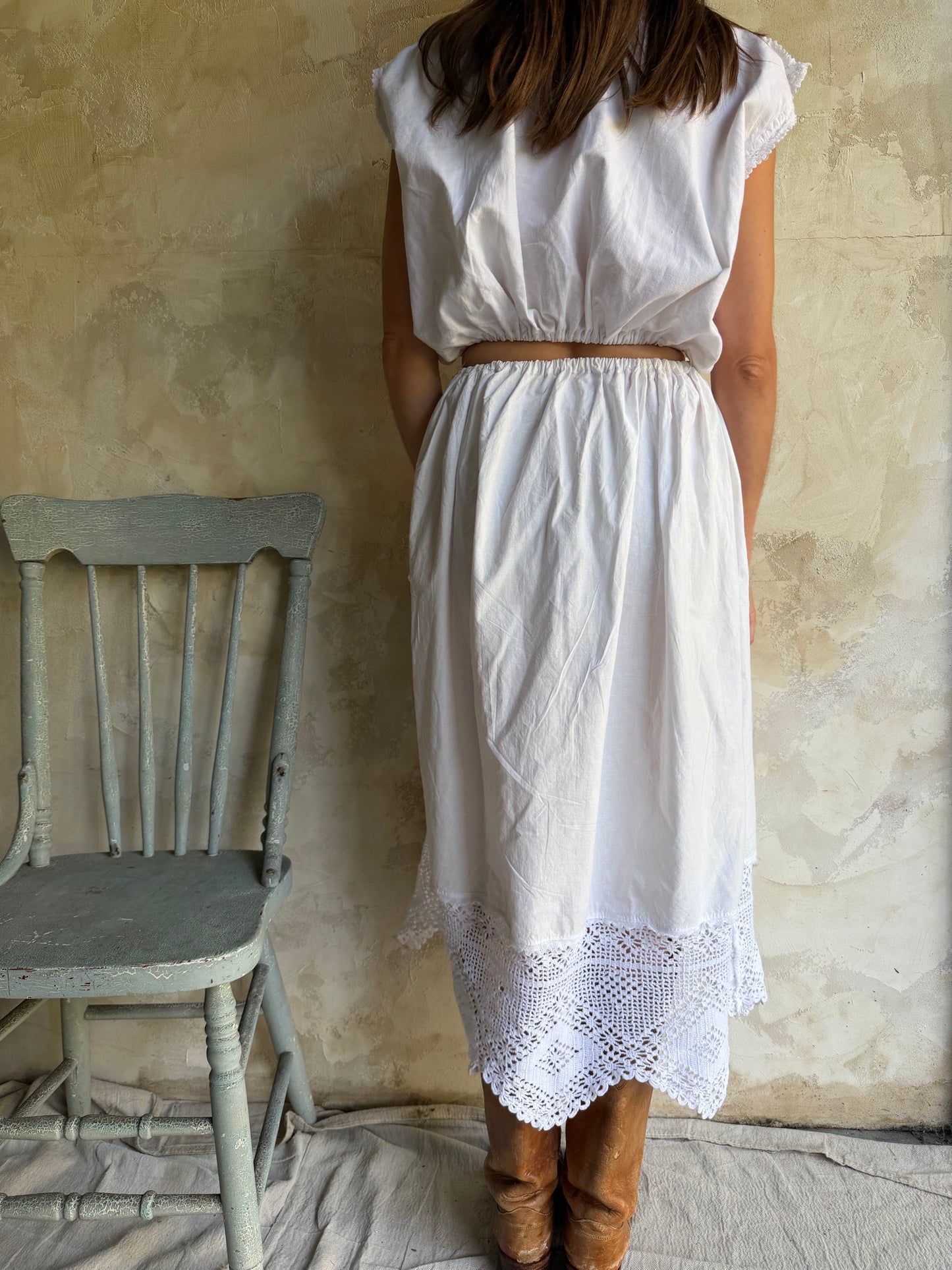 Reworked Cotton Skirt with Antique Crochet Trim