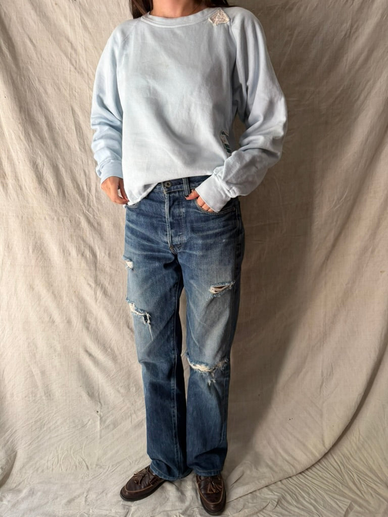 Pale Blue Cropped + Mended Crewneck