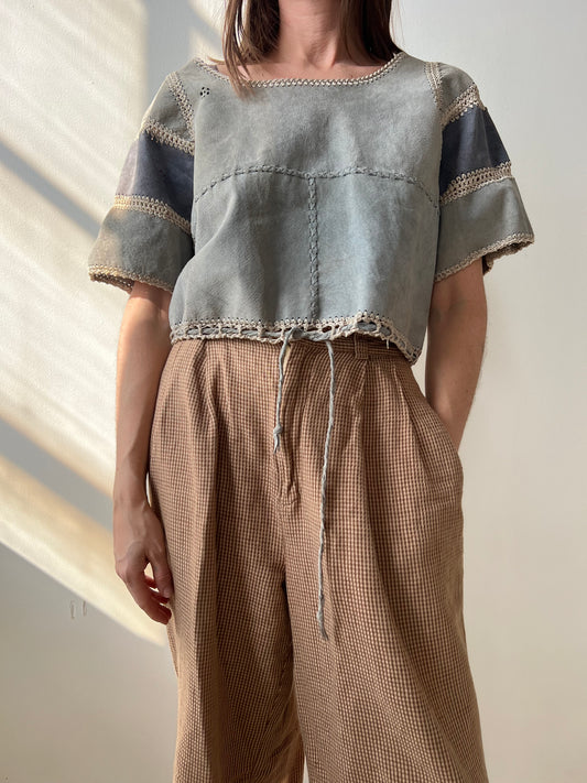 Blue Suede Crochet Panelled Top