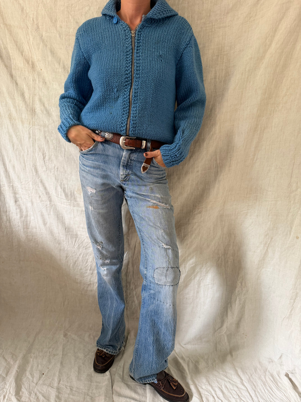 Mended Sky Blue Zip Up Cowichan Sweater