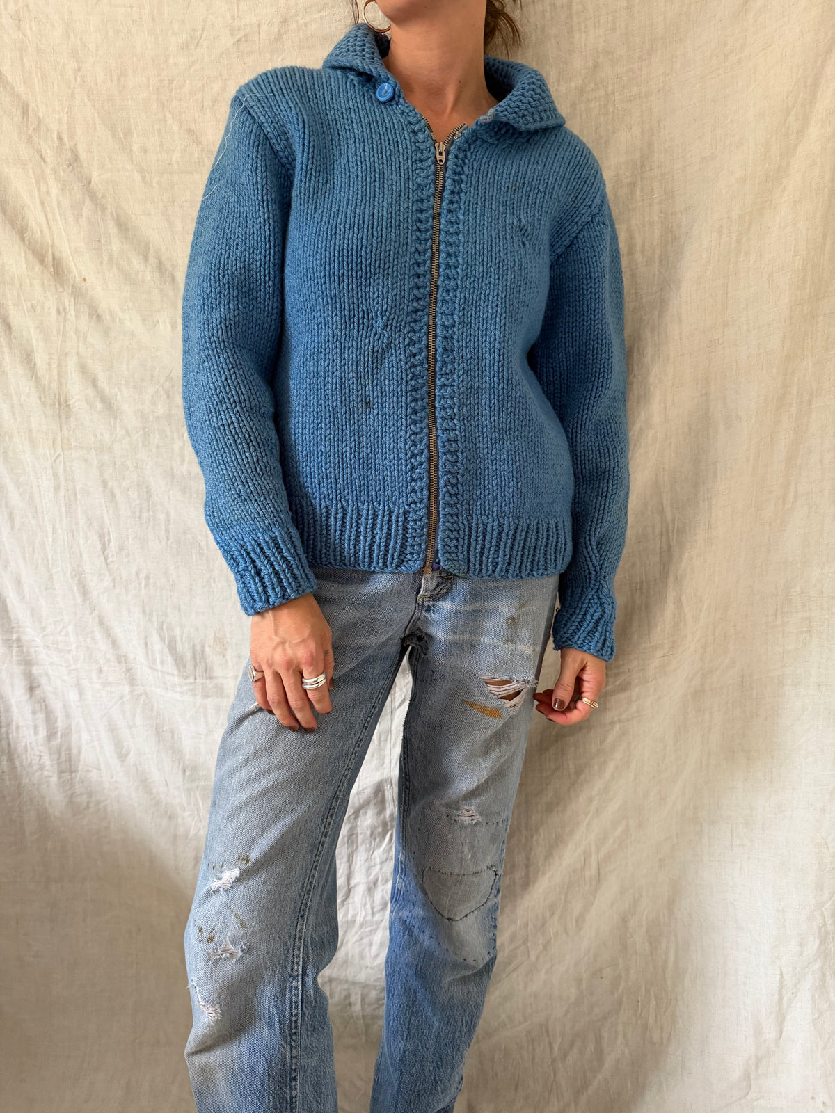 Mended Sky Blue Zip Up Cowichan Sweater