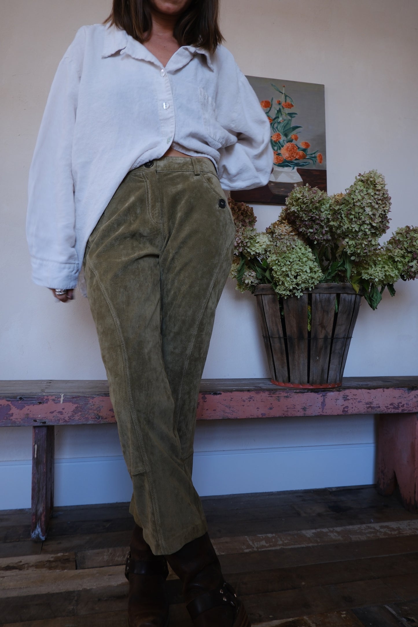 Olive Suede Pants