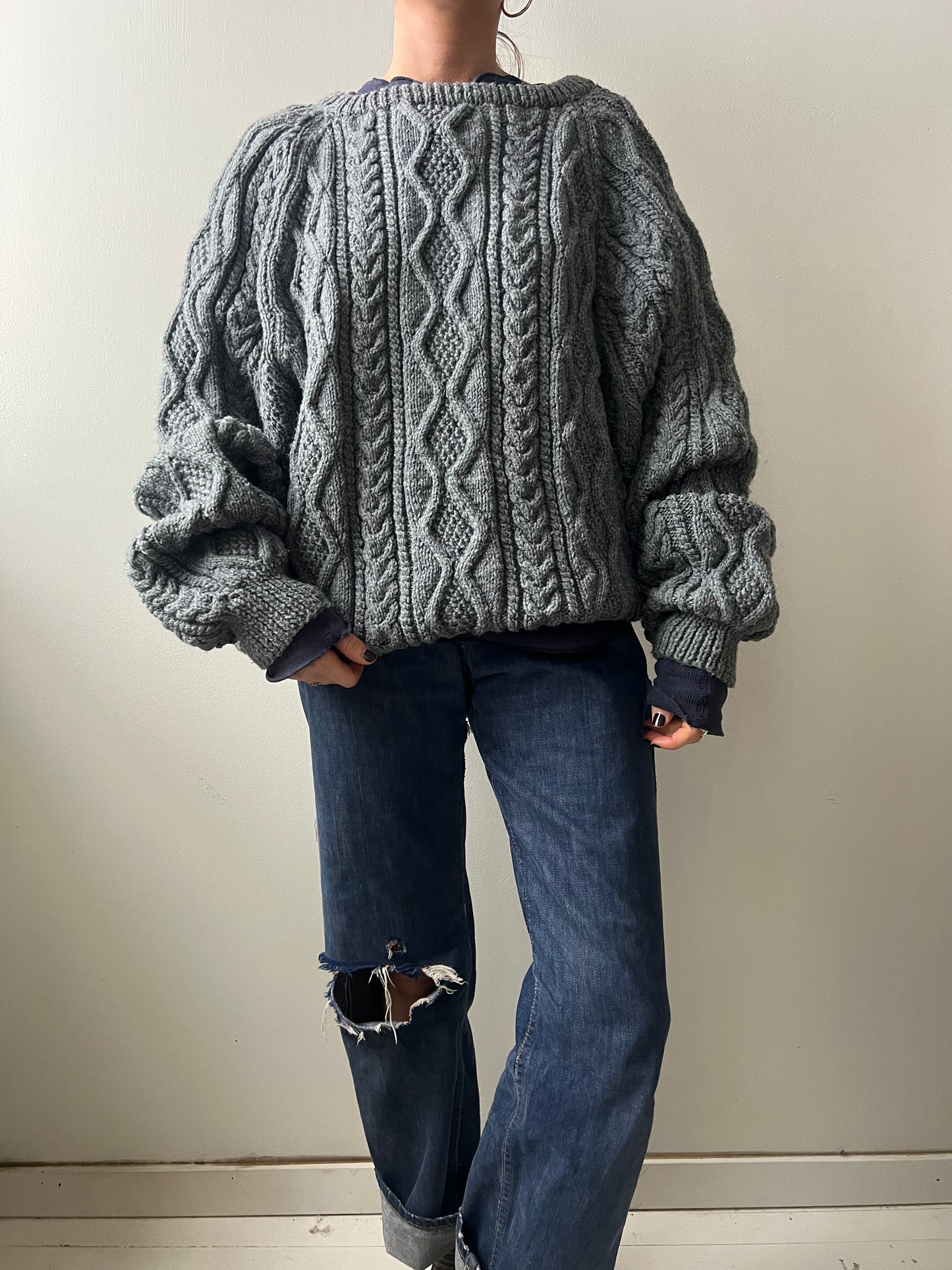 Blue Grey Handmade Cable-knit Sweater