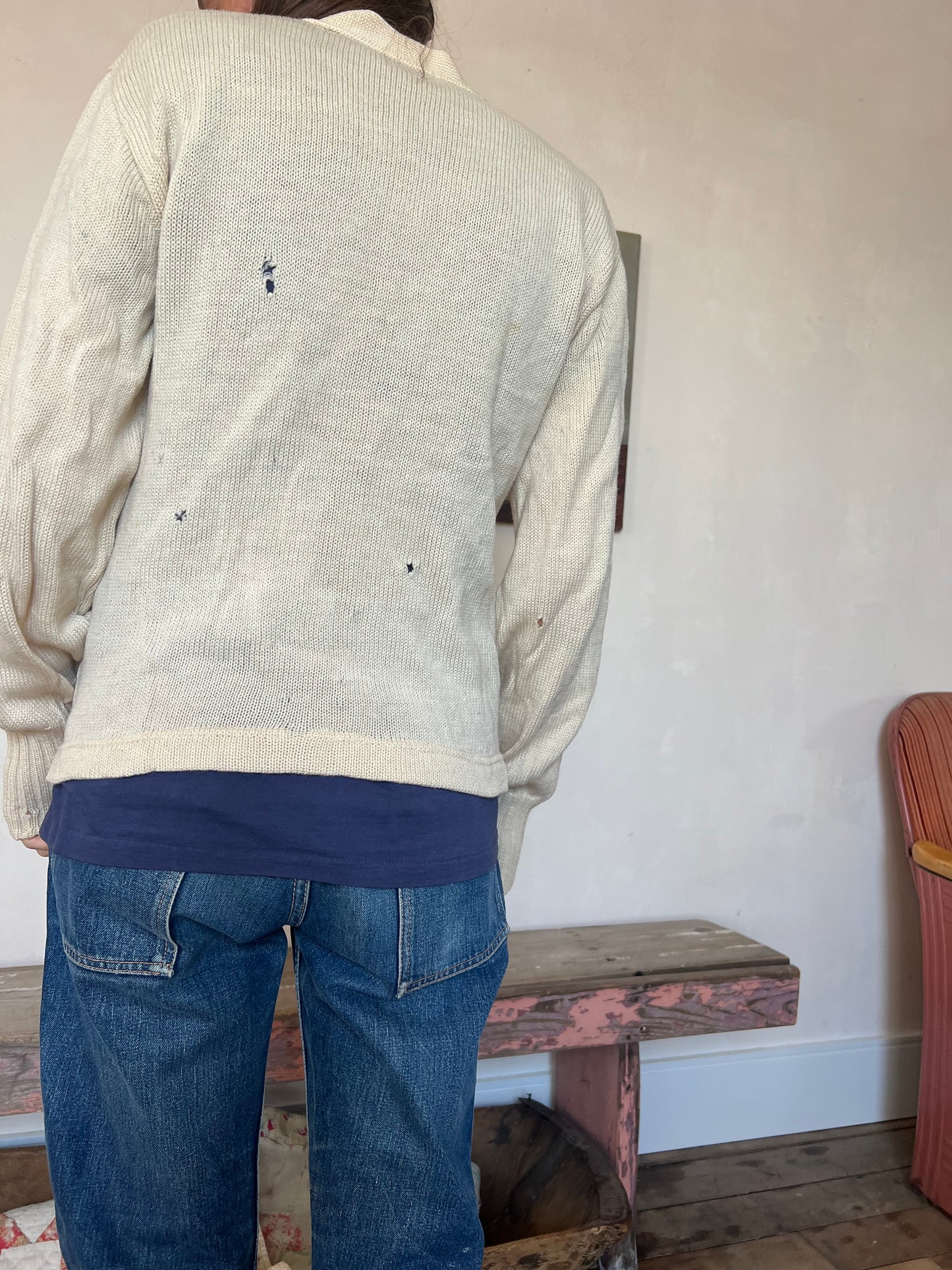 Distressed Patched Wool Varsity Cardigan