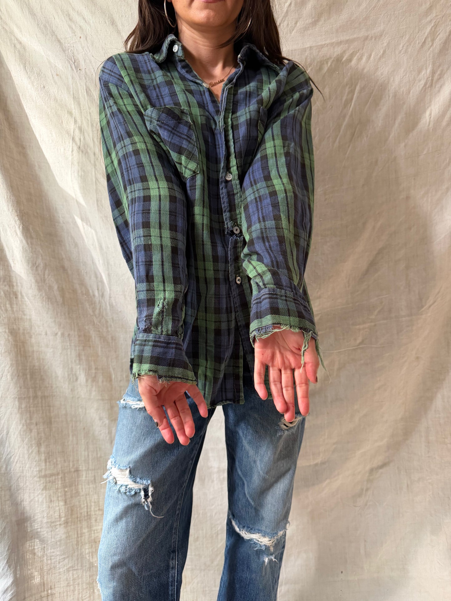 Super Distressed Green + Blue Plaid
