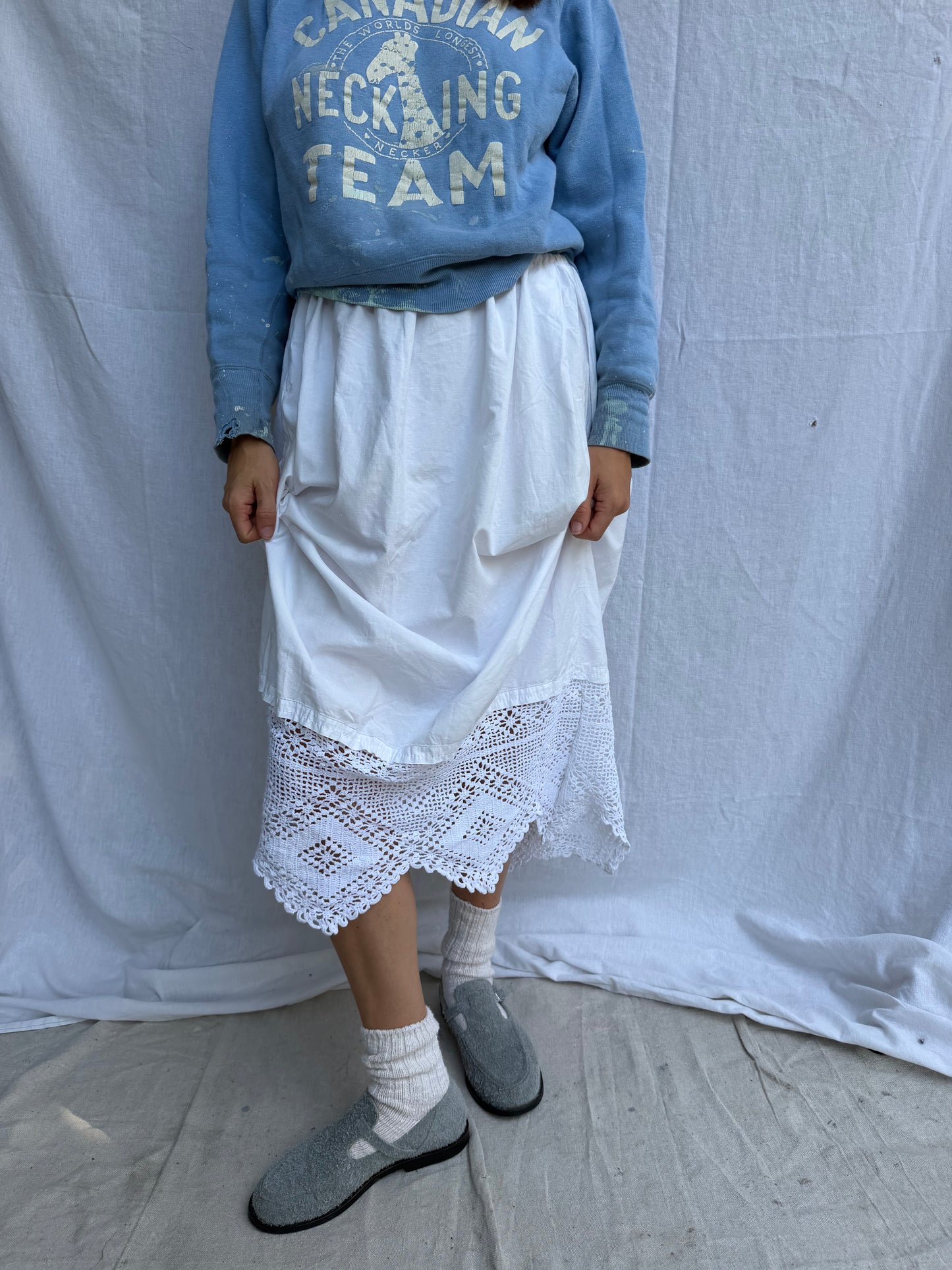 Antique Italian Cotton Skirt with Thick Crochet