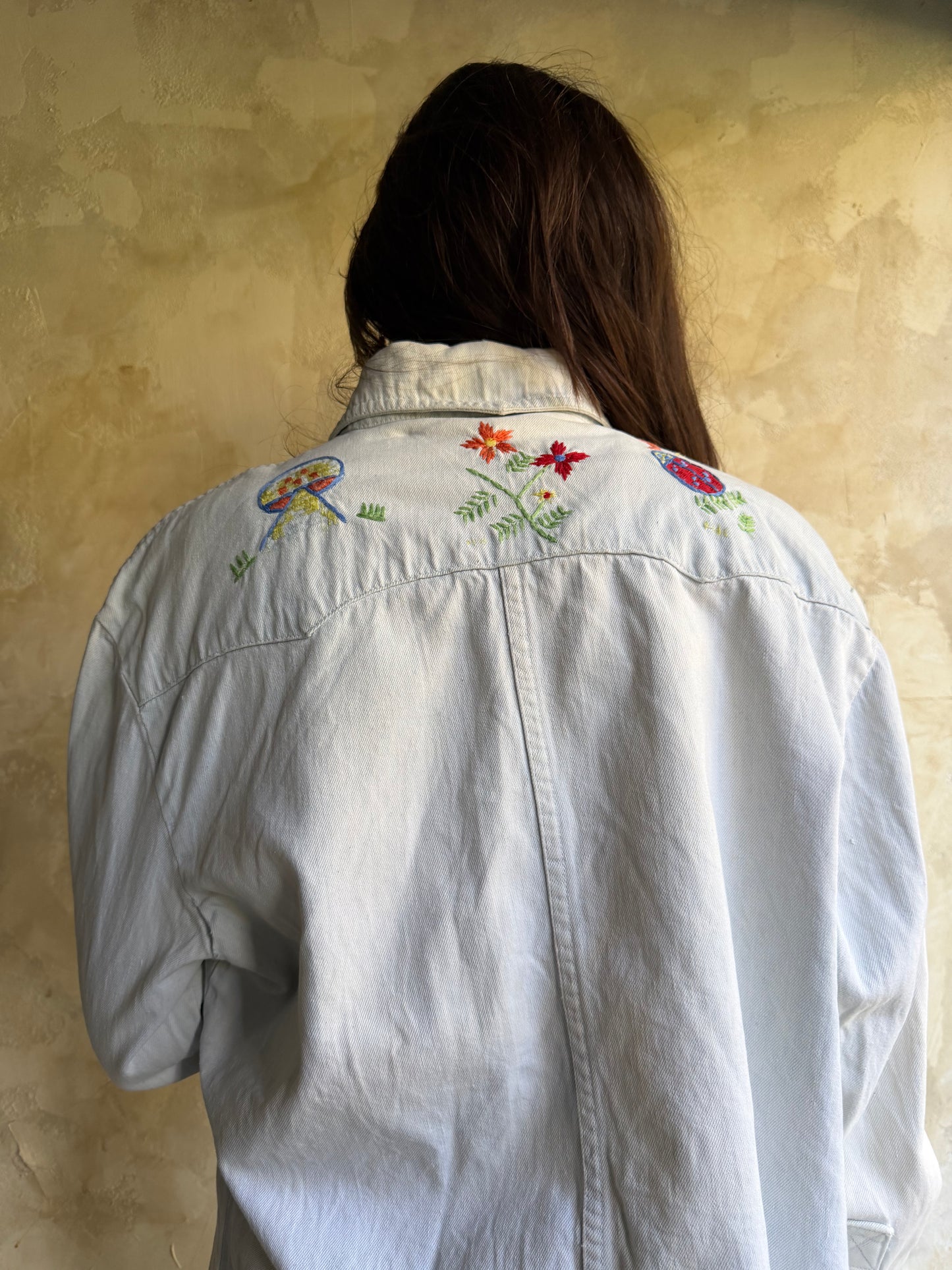 80s Hand Embroidered Light Wash Denim Button Up