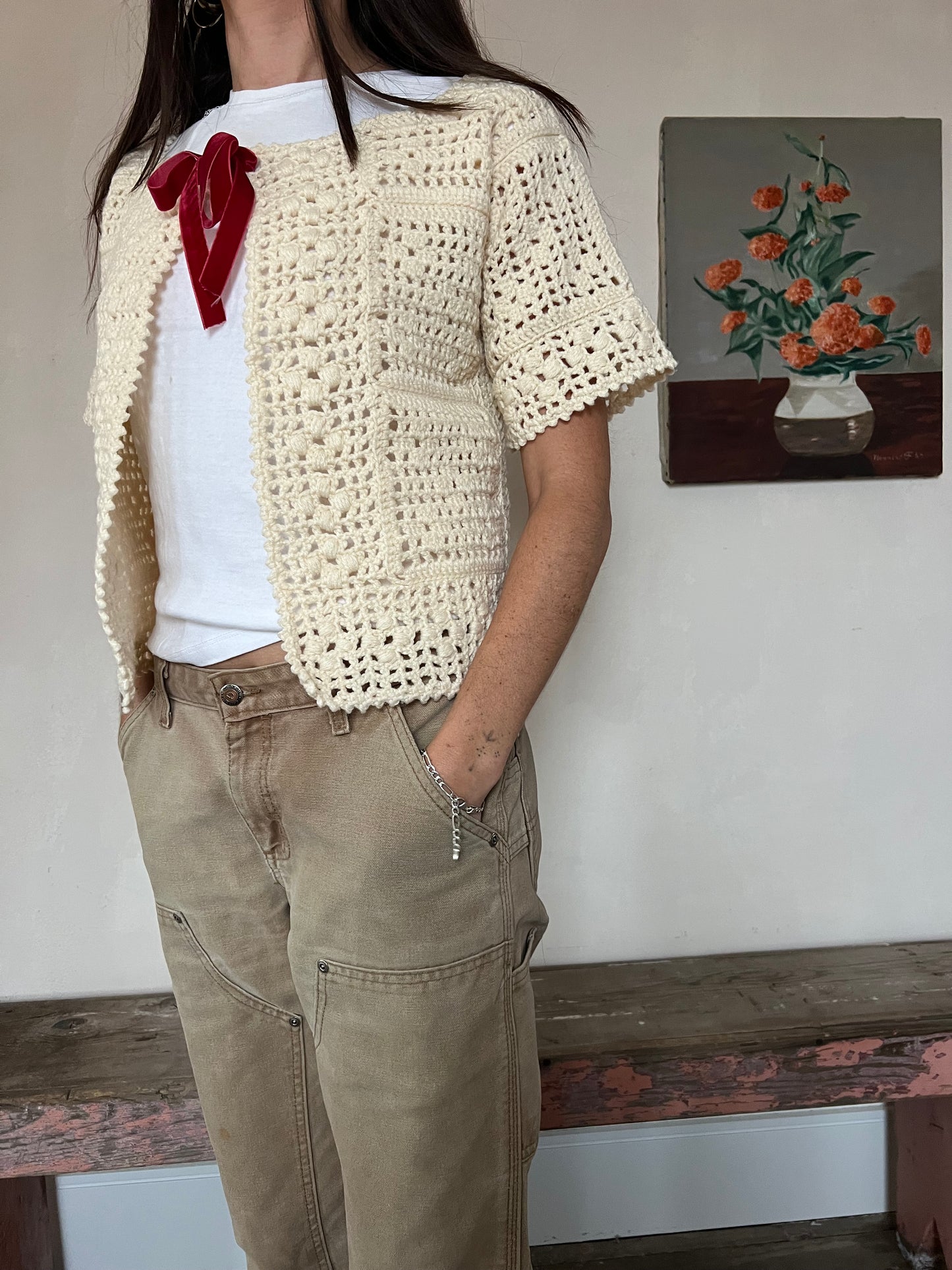 Crochet Cream Tee with Red Velvet Bow