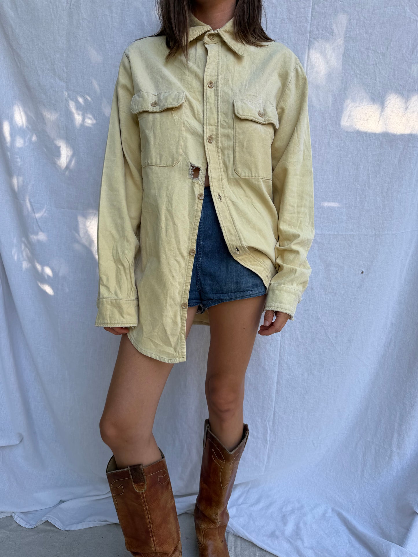 Super Loved Butter Yellow Distressed Button Up