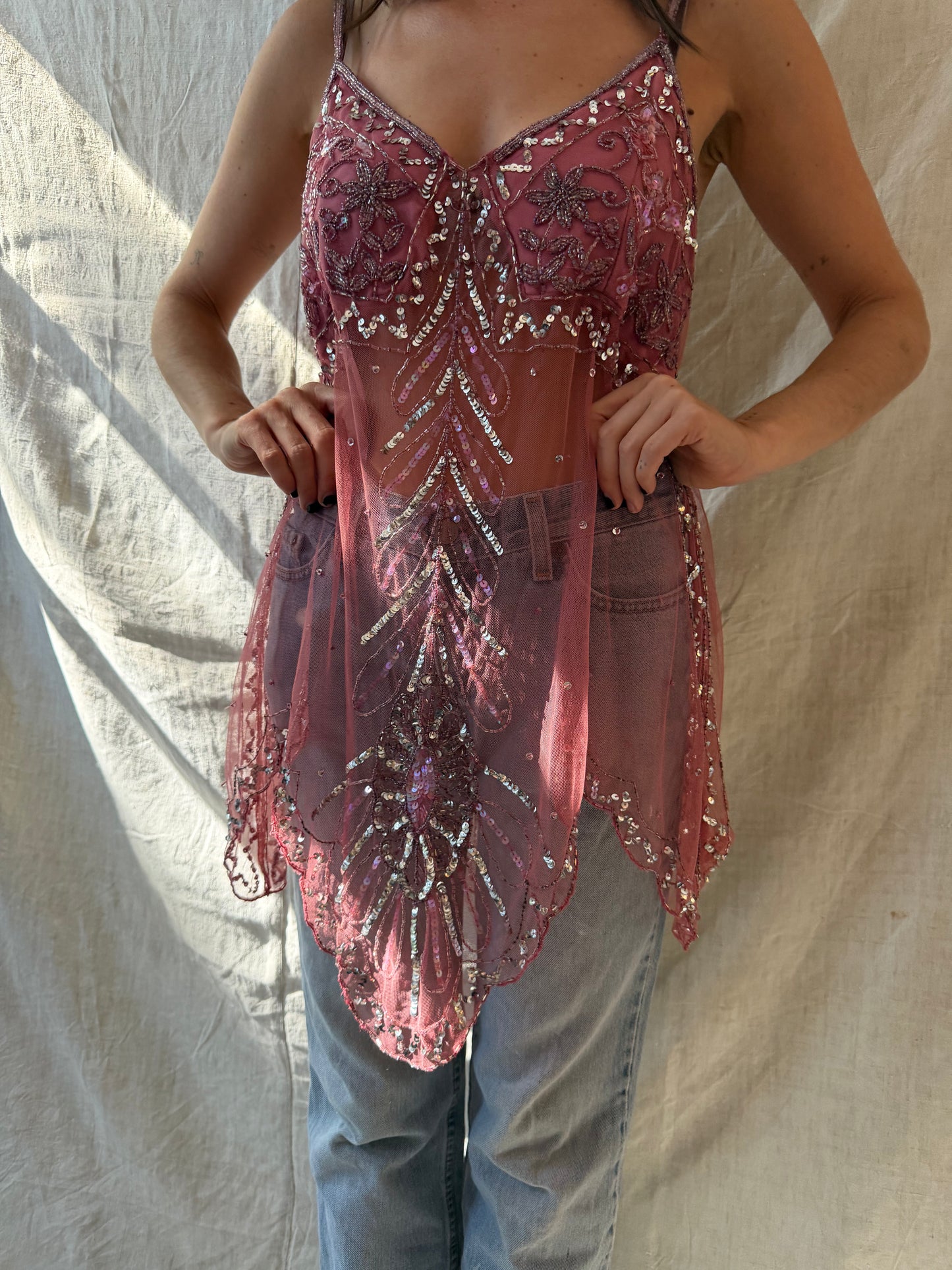 Pink Beaded Mesh Tank