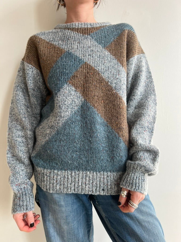 Geometric Blue and Fawn Knit