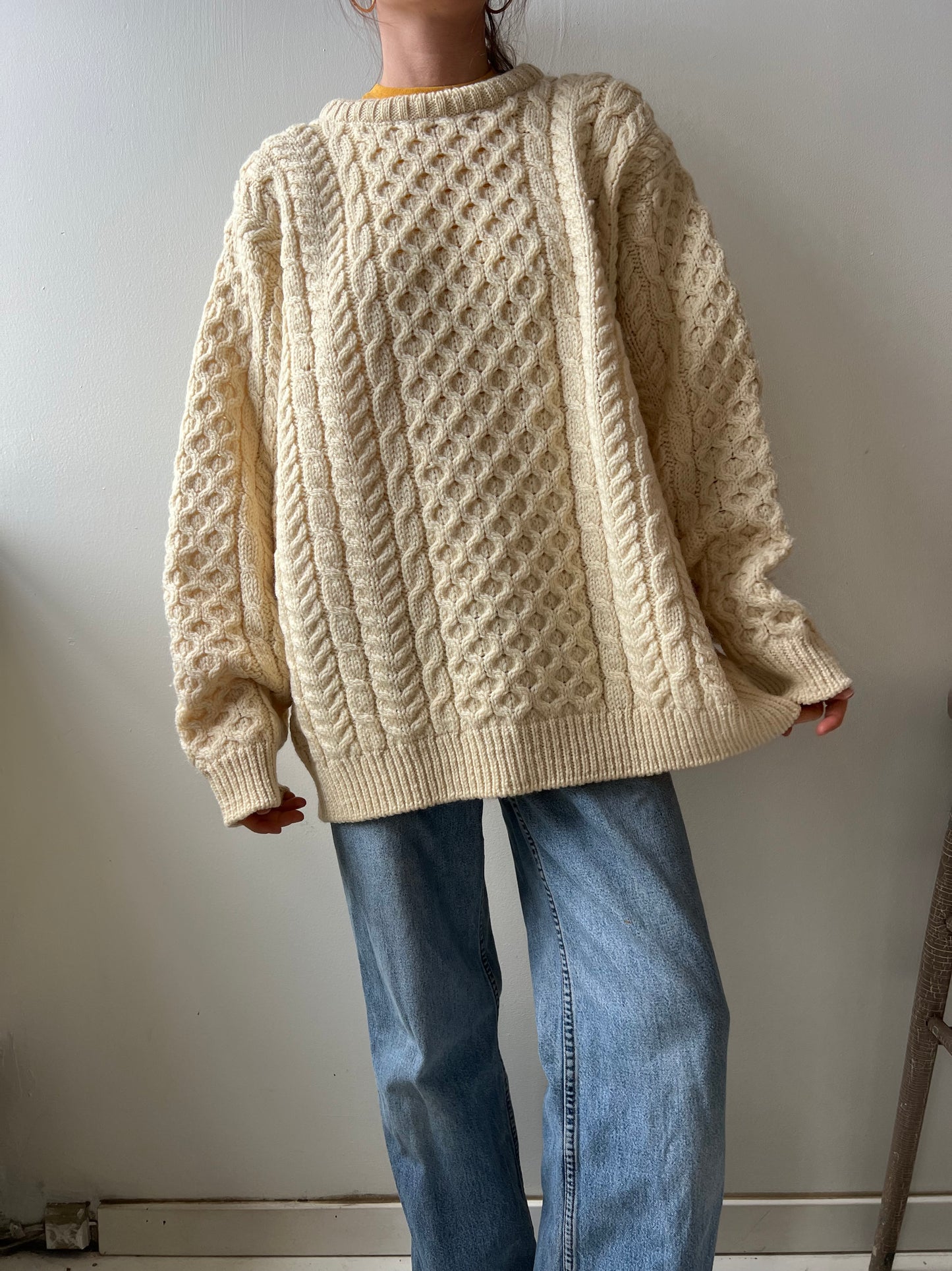 LL Bean Cream Fisherman Wool Sweater
