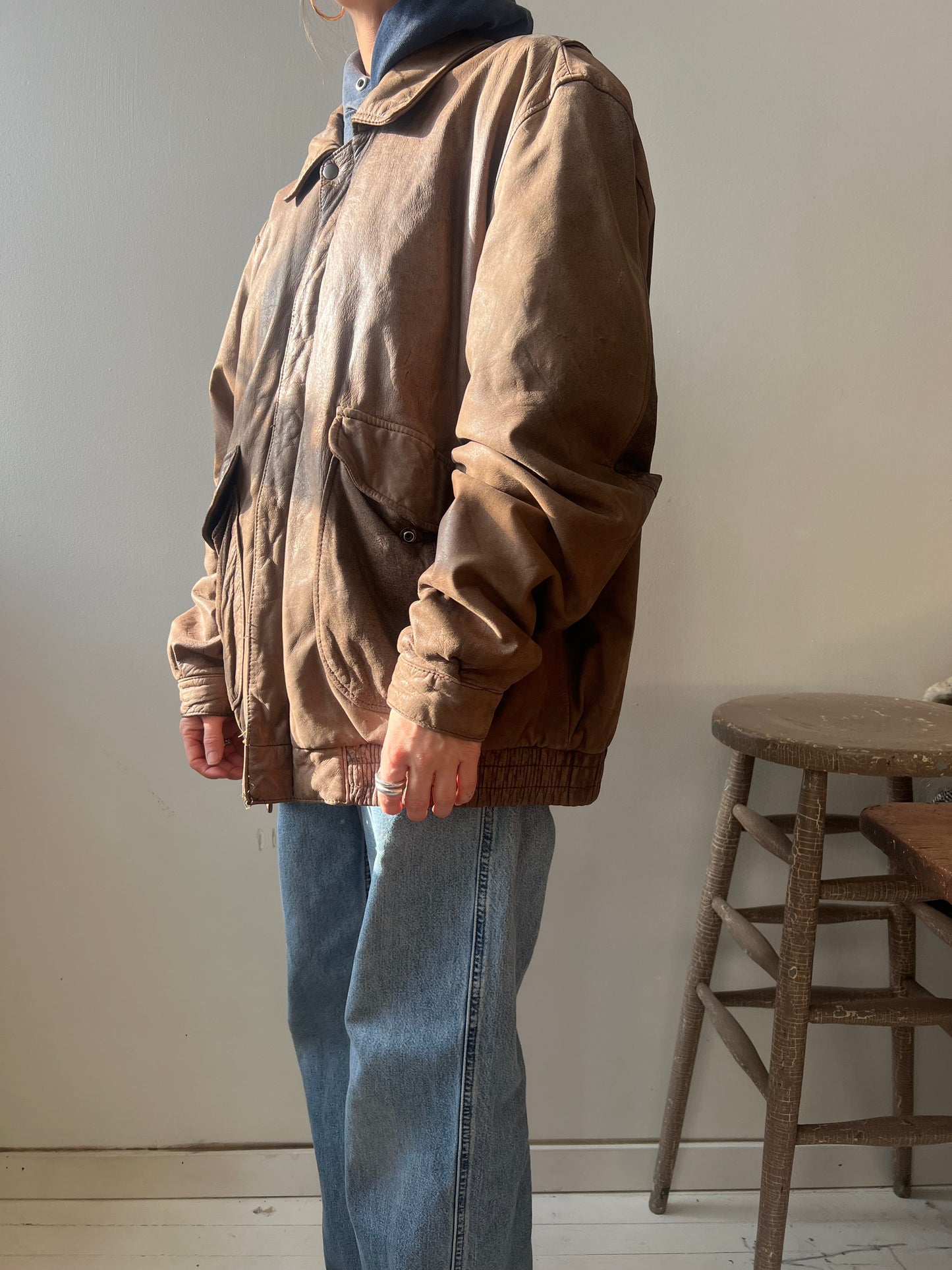 Fawn Brown Leather Bomber Jacket