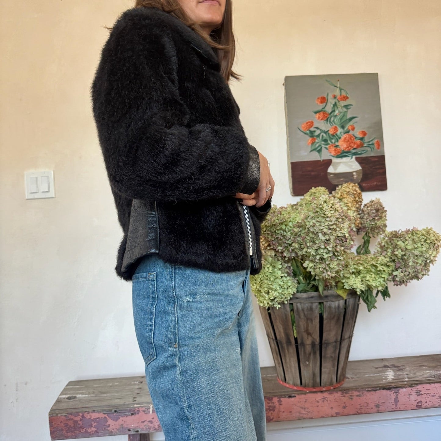 Cropped Black 70s Faux Fur Jacket