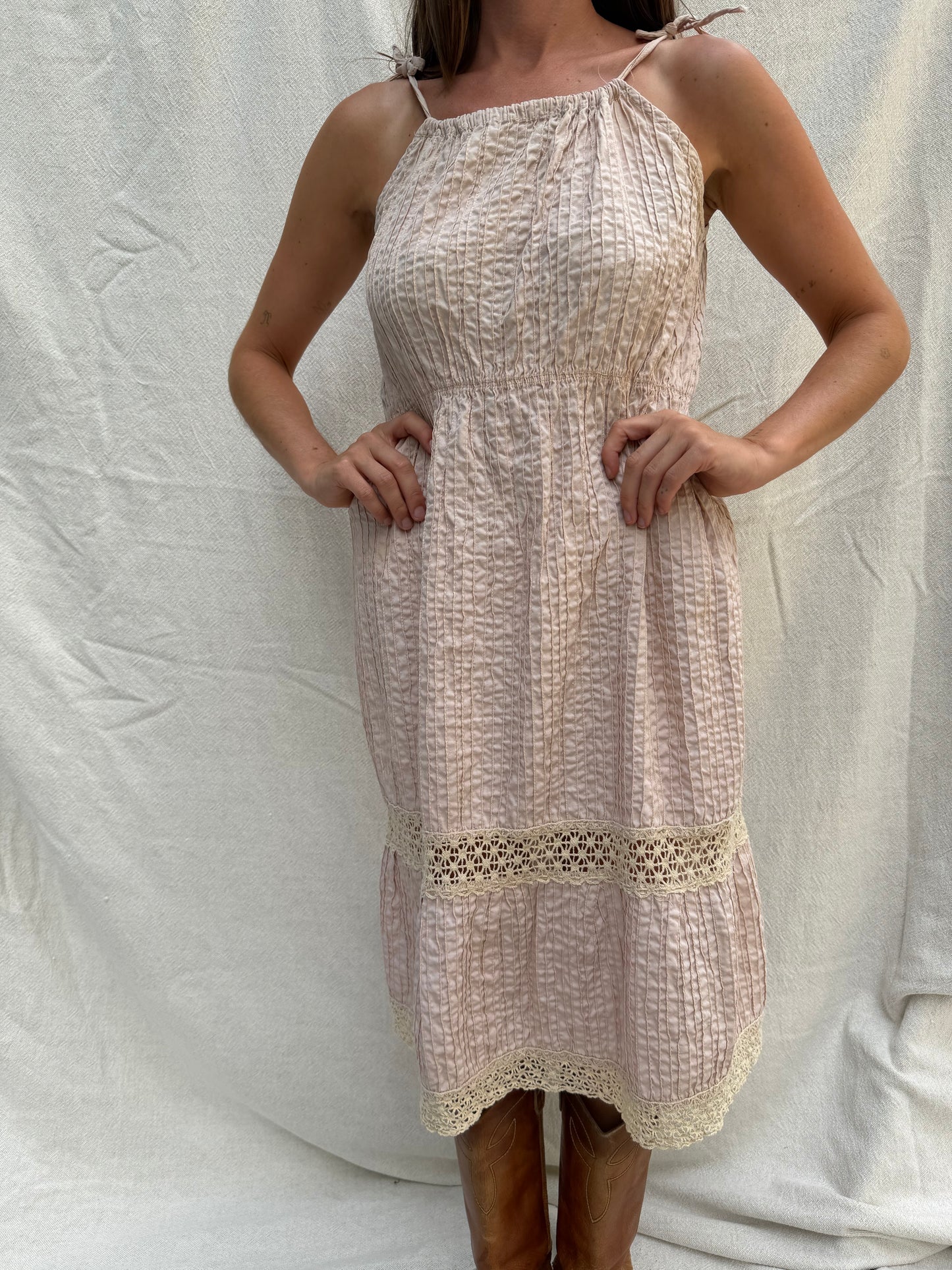 Dusty Rose 70s Crochet Tiered Dress