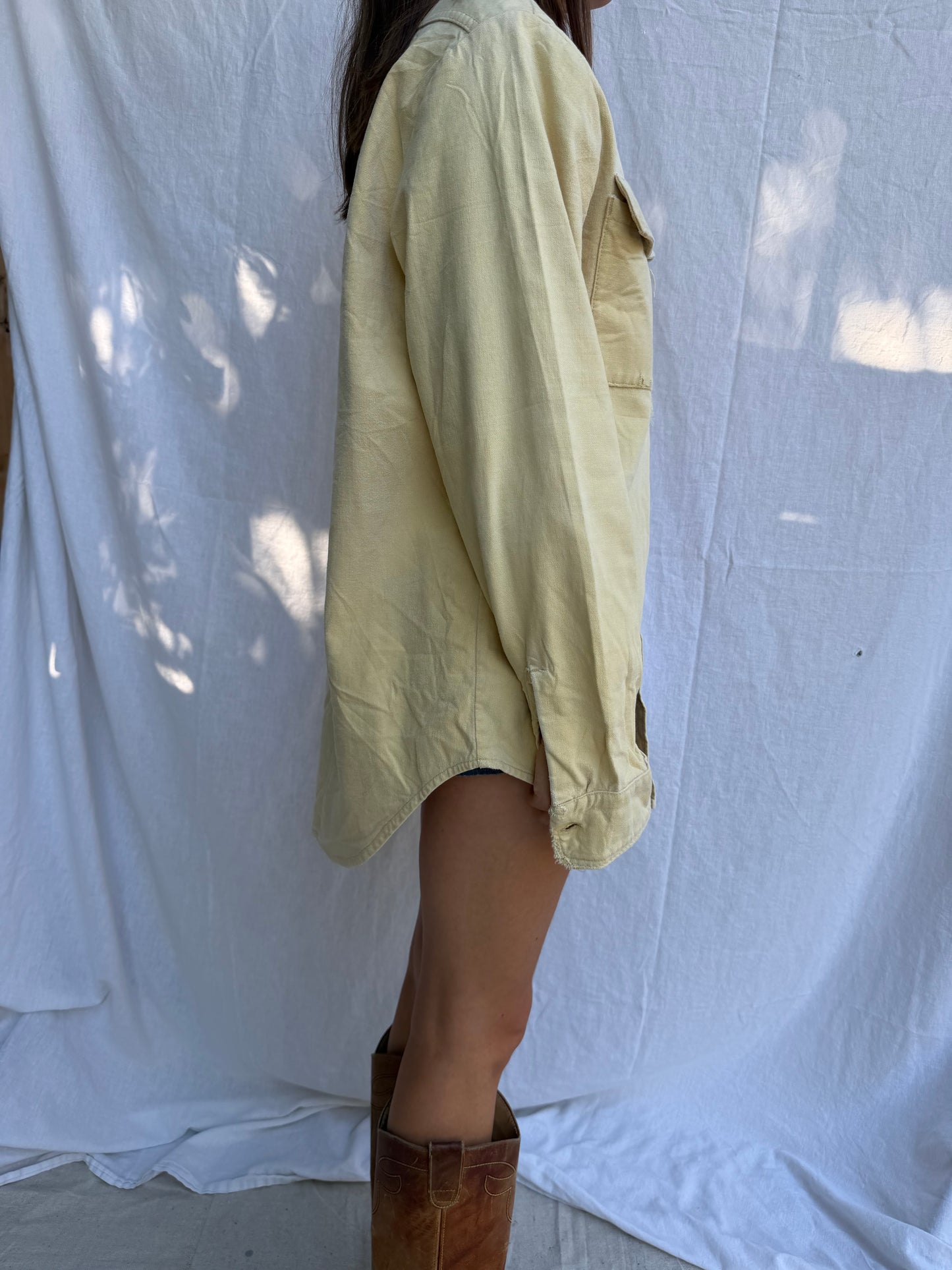 Super Loved Butter Yellow Distressed Button Up