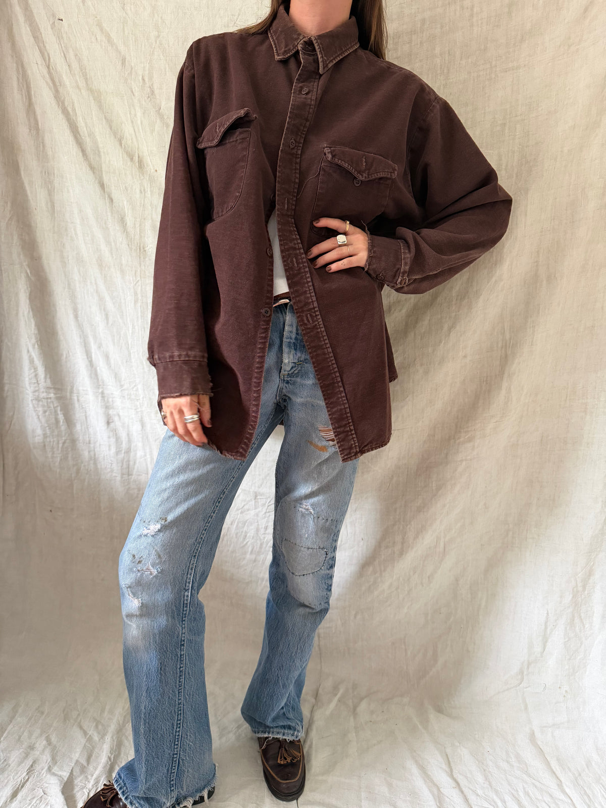 Dark Brown Distressed Button Up
