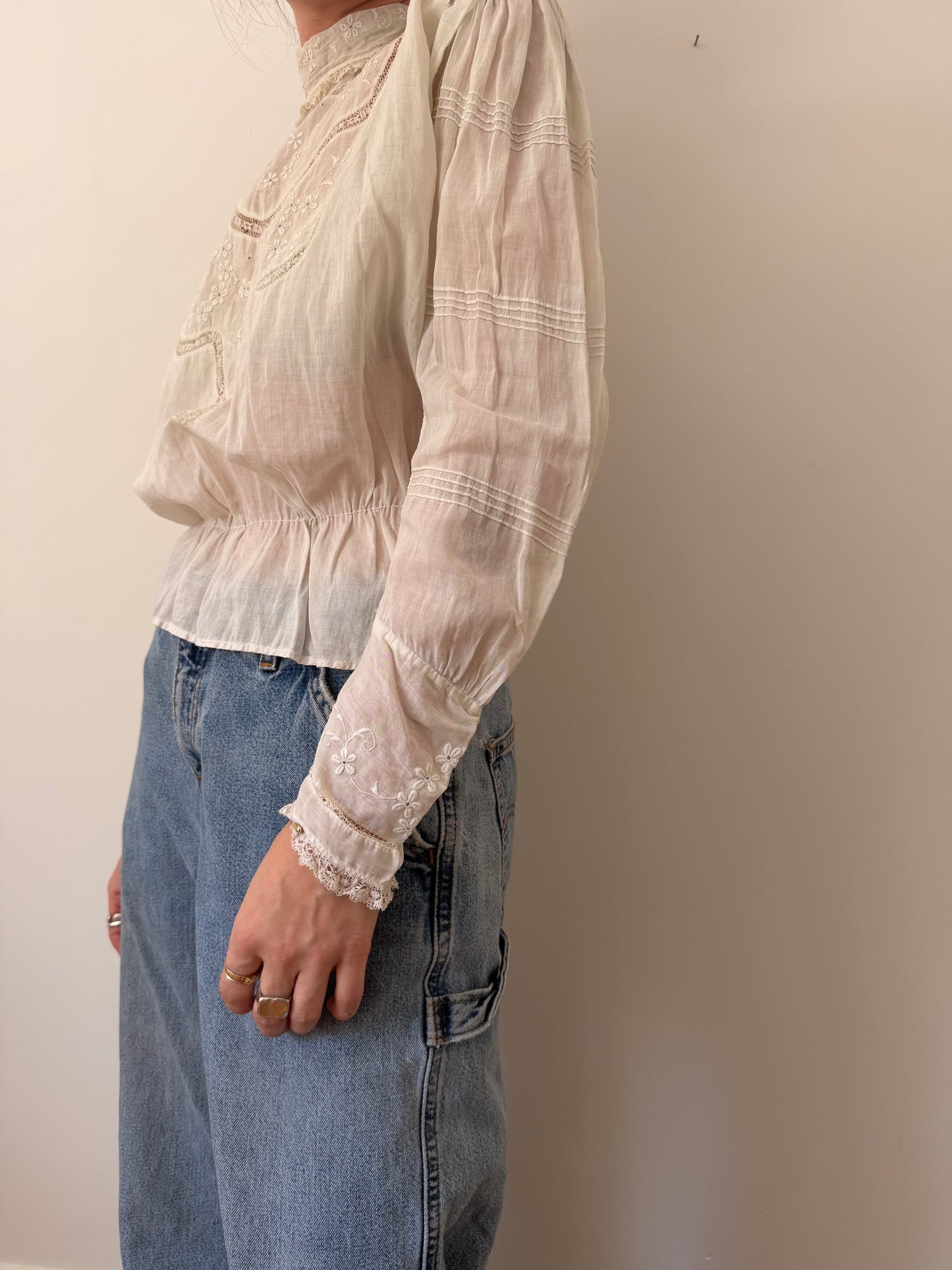 Victorian High Neck Embroidered Cotton Blouse-