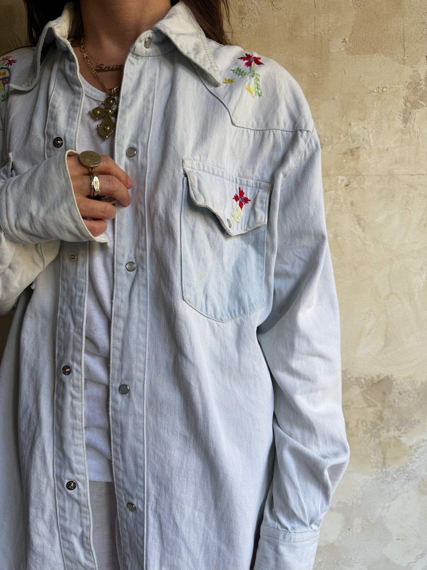 80s Hand Embroidered Light Wash Denim Button Up